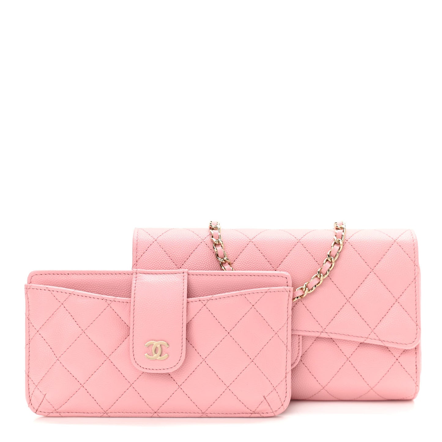 Caviar Quilted Phone Holder Wallet on Removable Chain Pink
