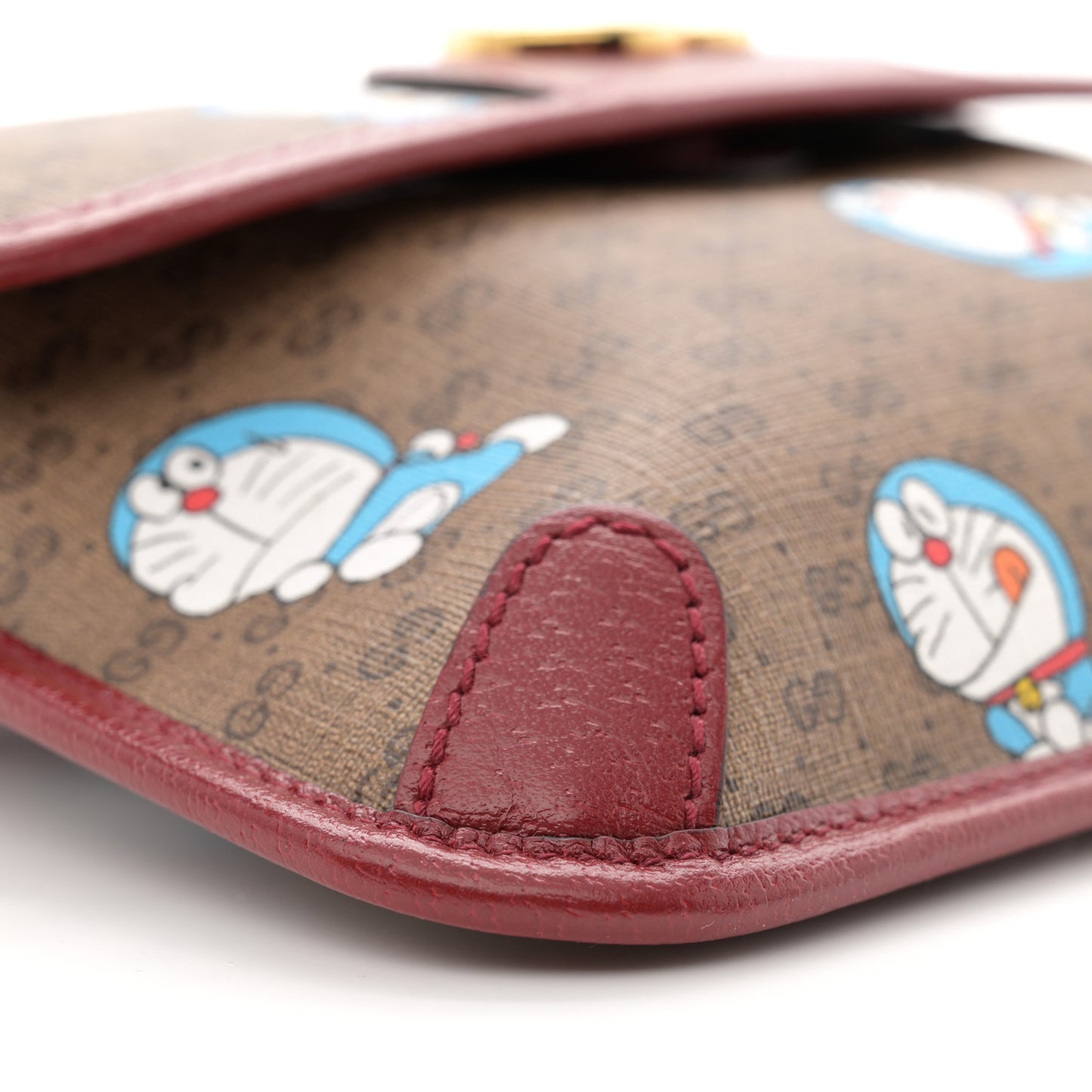 X DORAEMON Mini Vintage GG Supreme Monogram Web Slim Belt Bag Beige Cherry Red