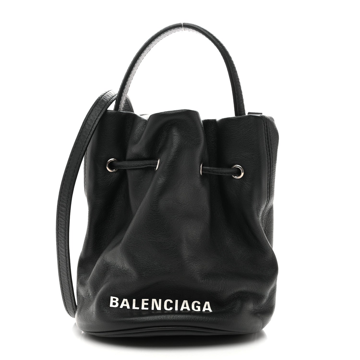 Balenciaga Smooth Calfskin Logo XS Everyday Drawstring Bucket Bag