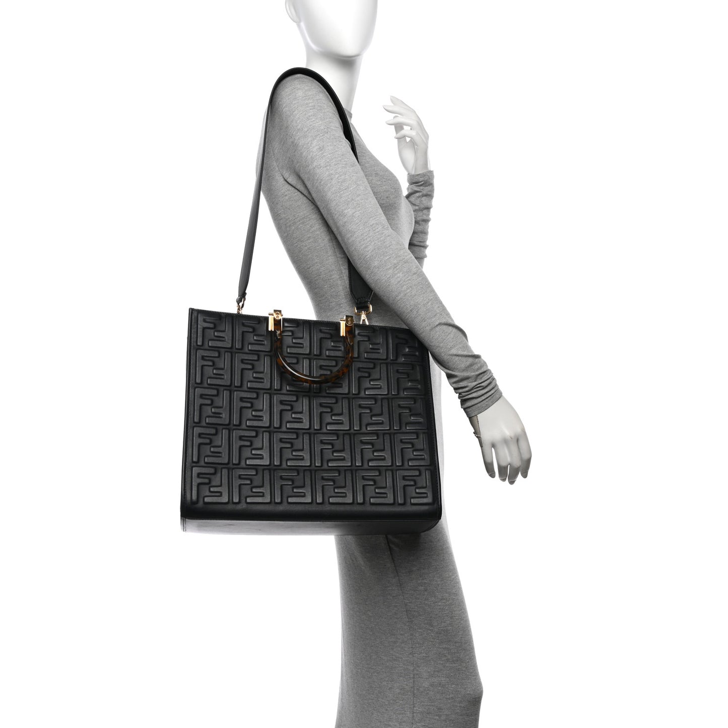 Vitello Plexiglass FF Embossed Medium Fendi Sunshine Shopper Tote Black