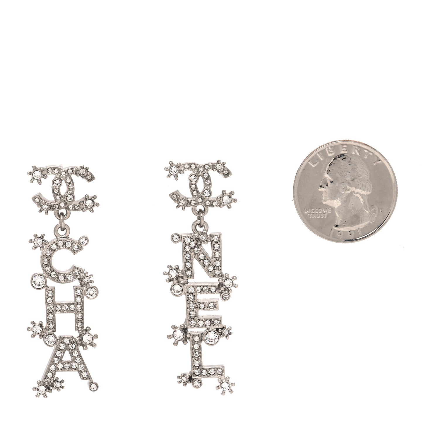 Crystal Cha-Nel Logo Drop Earrings Silver