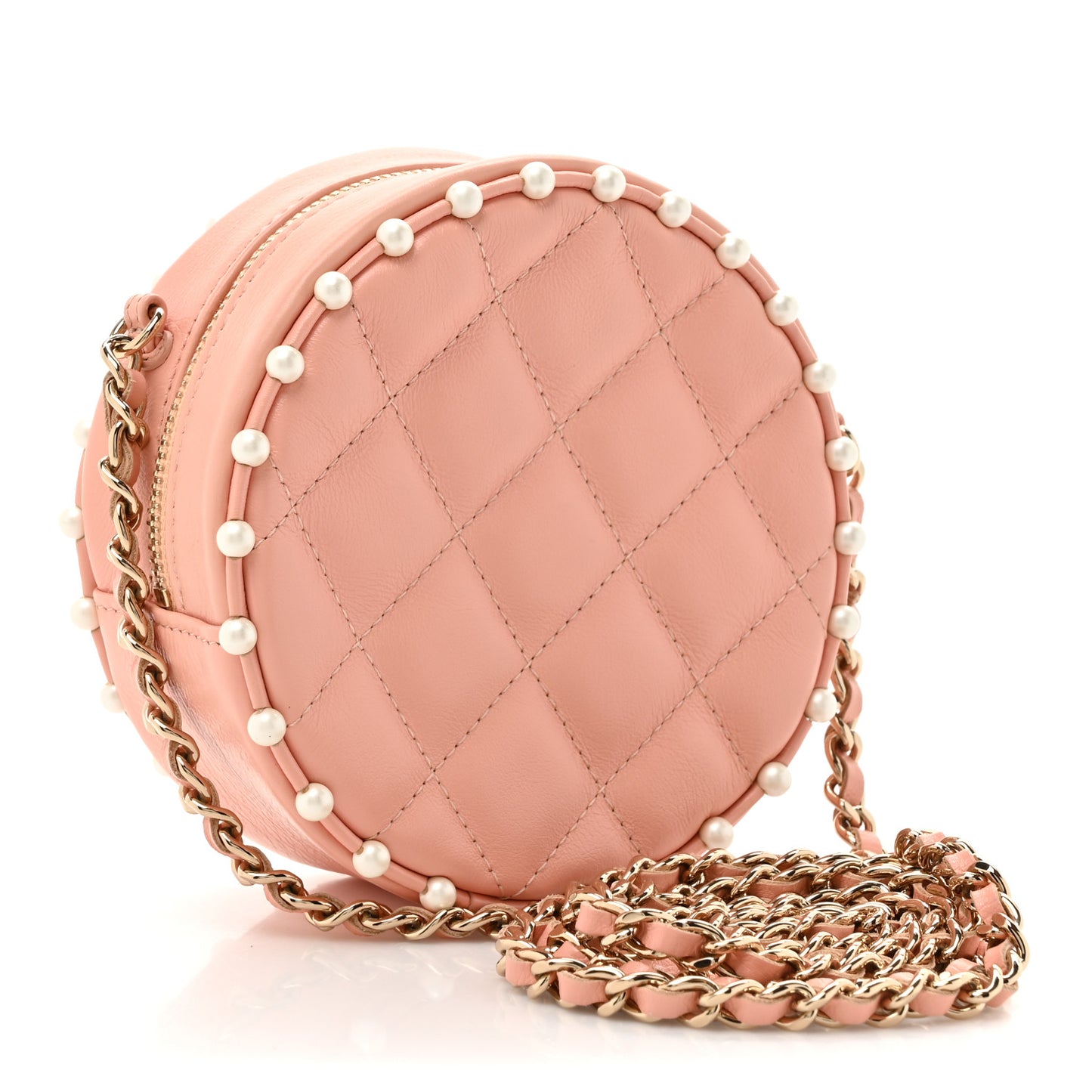 Calfskin Quilted Pearl Round Clutch With Chain Pink