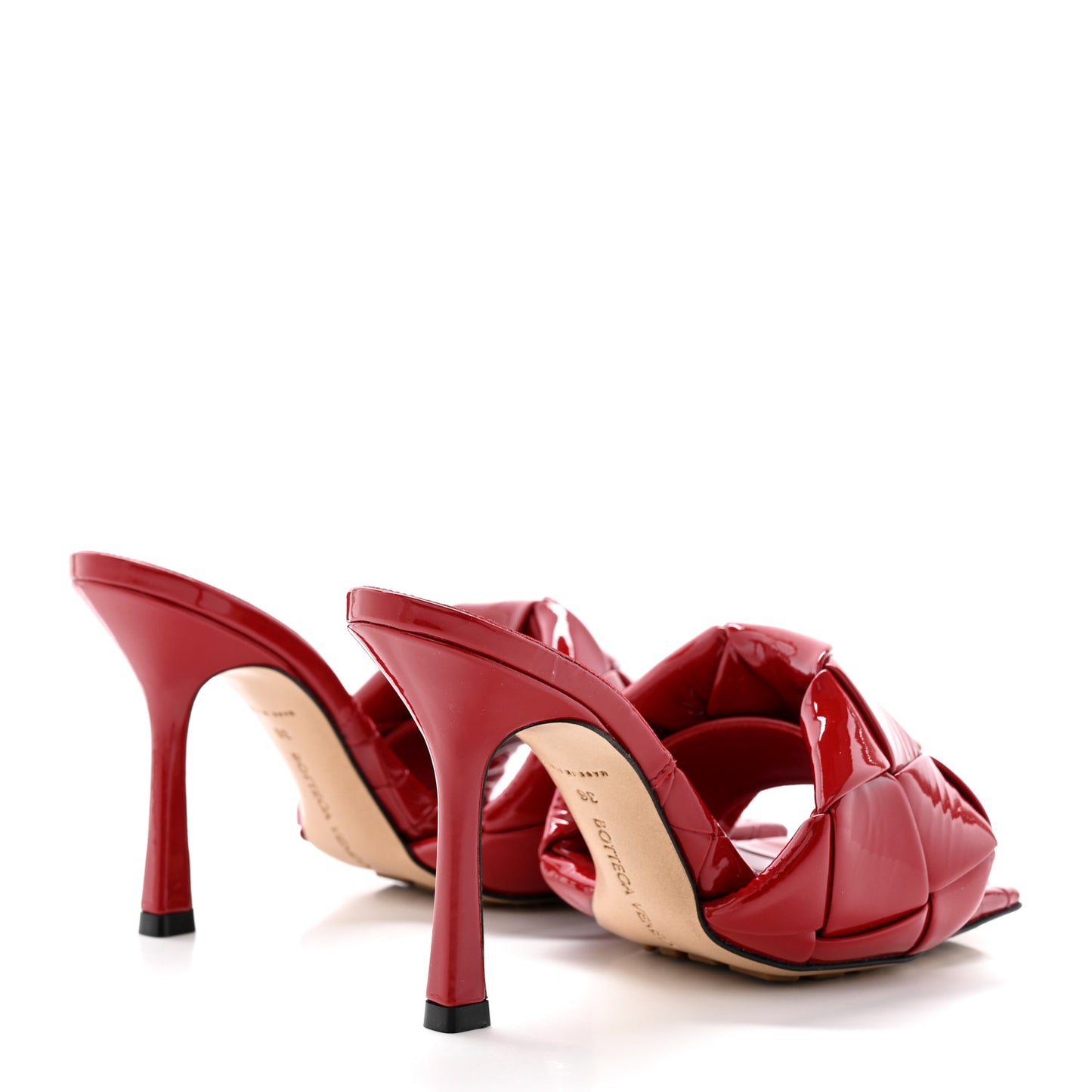 Ultra Gloss Patent Maxi Intrecciato Lido 90mm Mule Sandals 36 Apple Candy