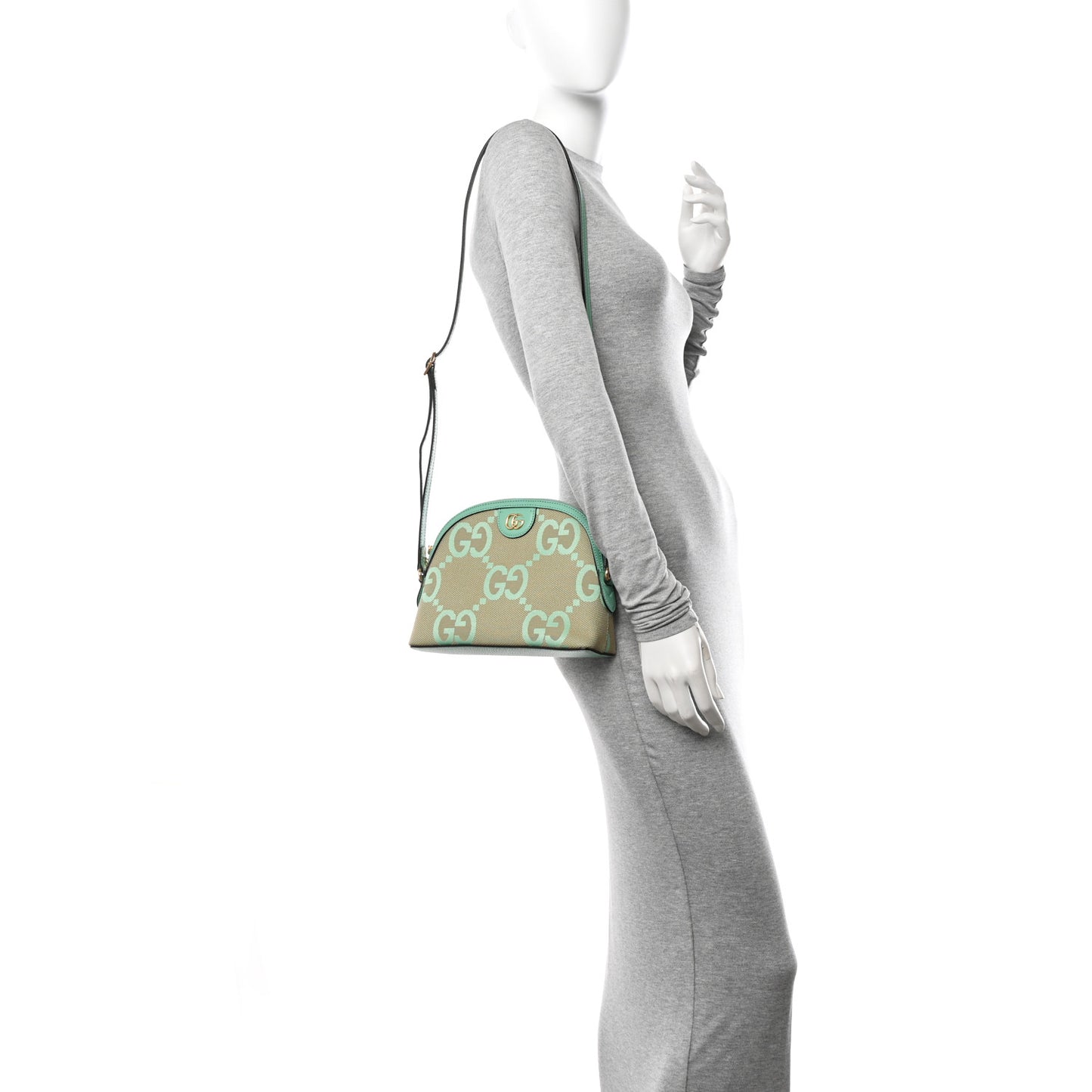 Monogram Jumbo GG Textured Dollar Calfskin Small Ophidia Dome Shoulder Bag Beige Pepperlight Mint