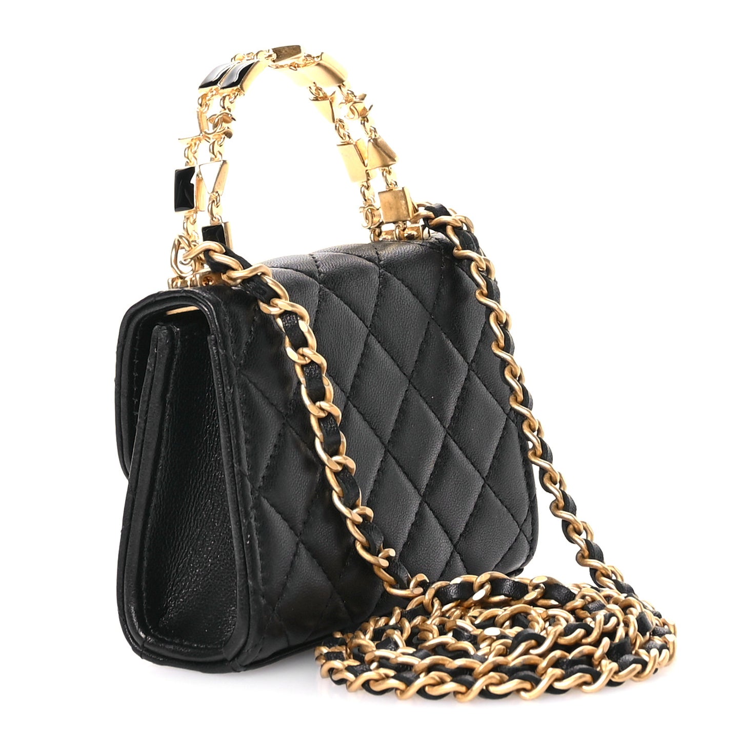 Lambskin Enamel Quilted Mini Top Handle Flap Black