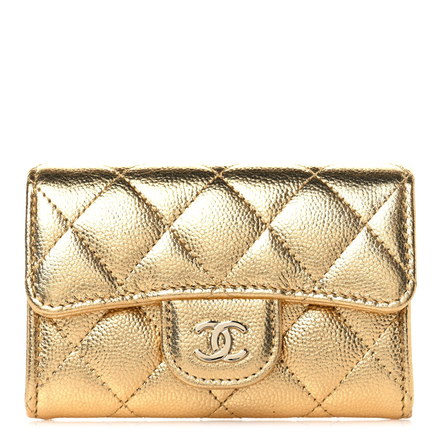 CHANEL カードホルダー ケース ゴールド Chanel Metallic Caviar Quilted Flap Card Holder Wallet Gold
