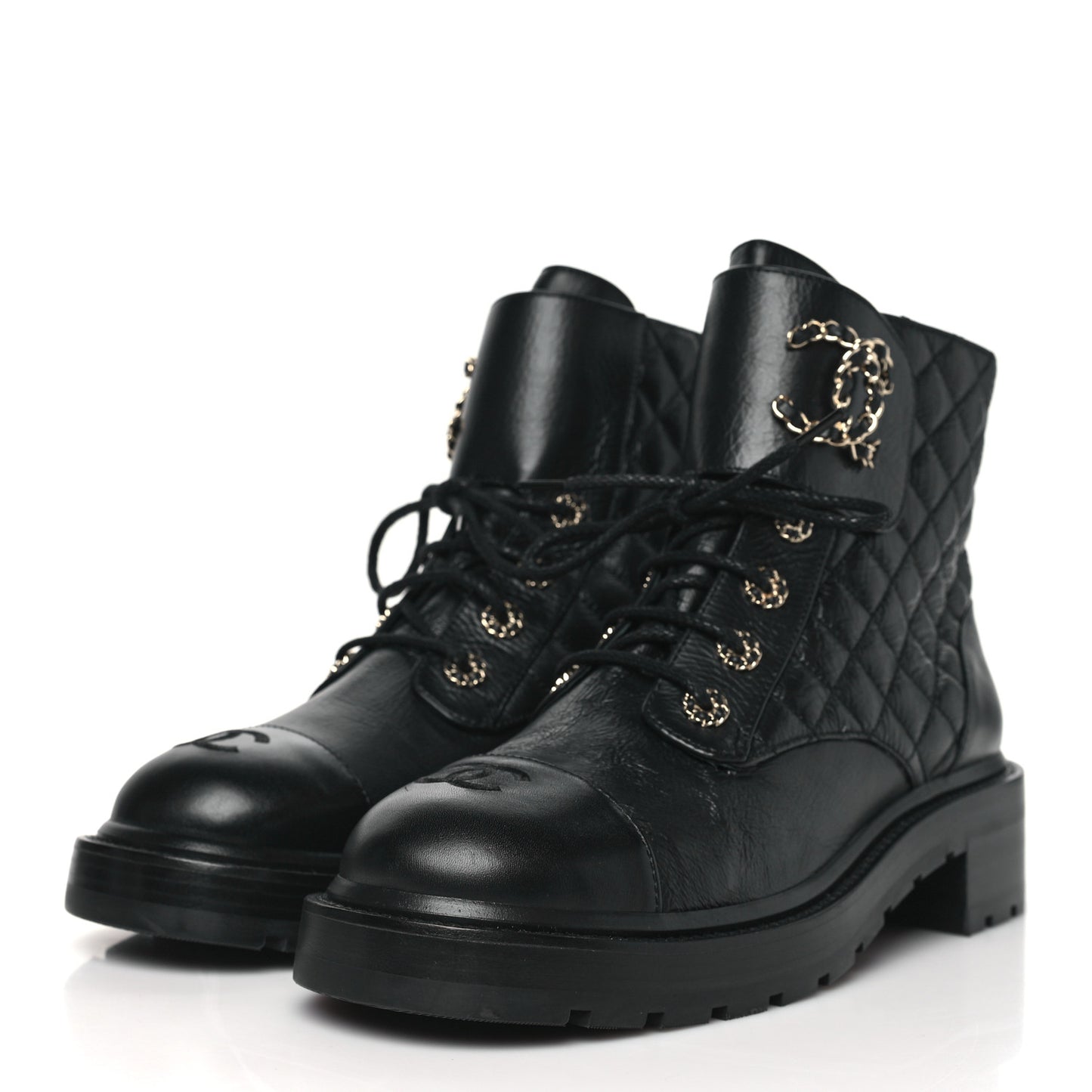 Shiny Goatskin Calfskin Quilted Lace Up Combat Boots 41 Black