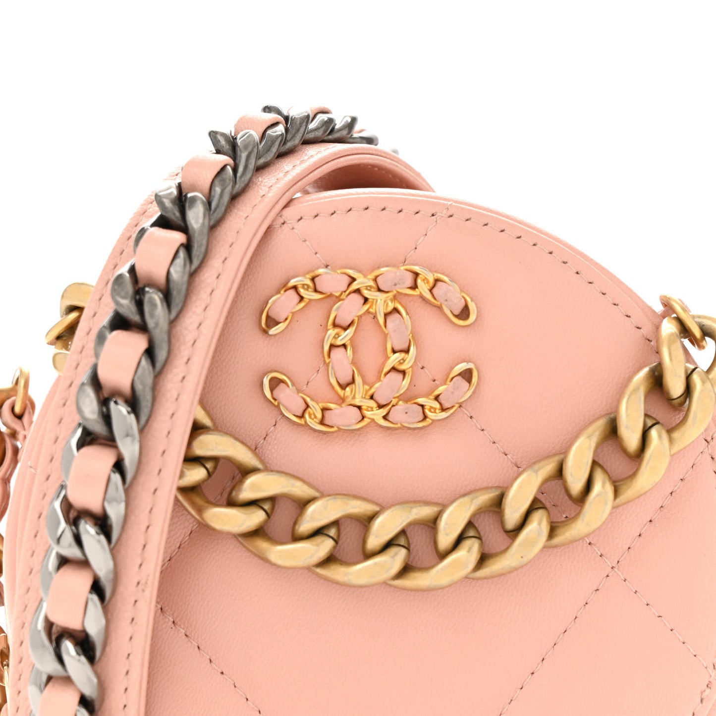 Lambskin Quilted Chanel 19 Round Clutch With Chain Light Pink