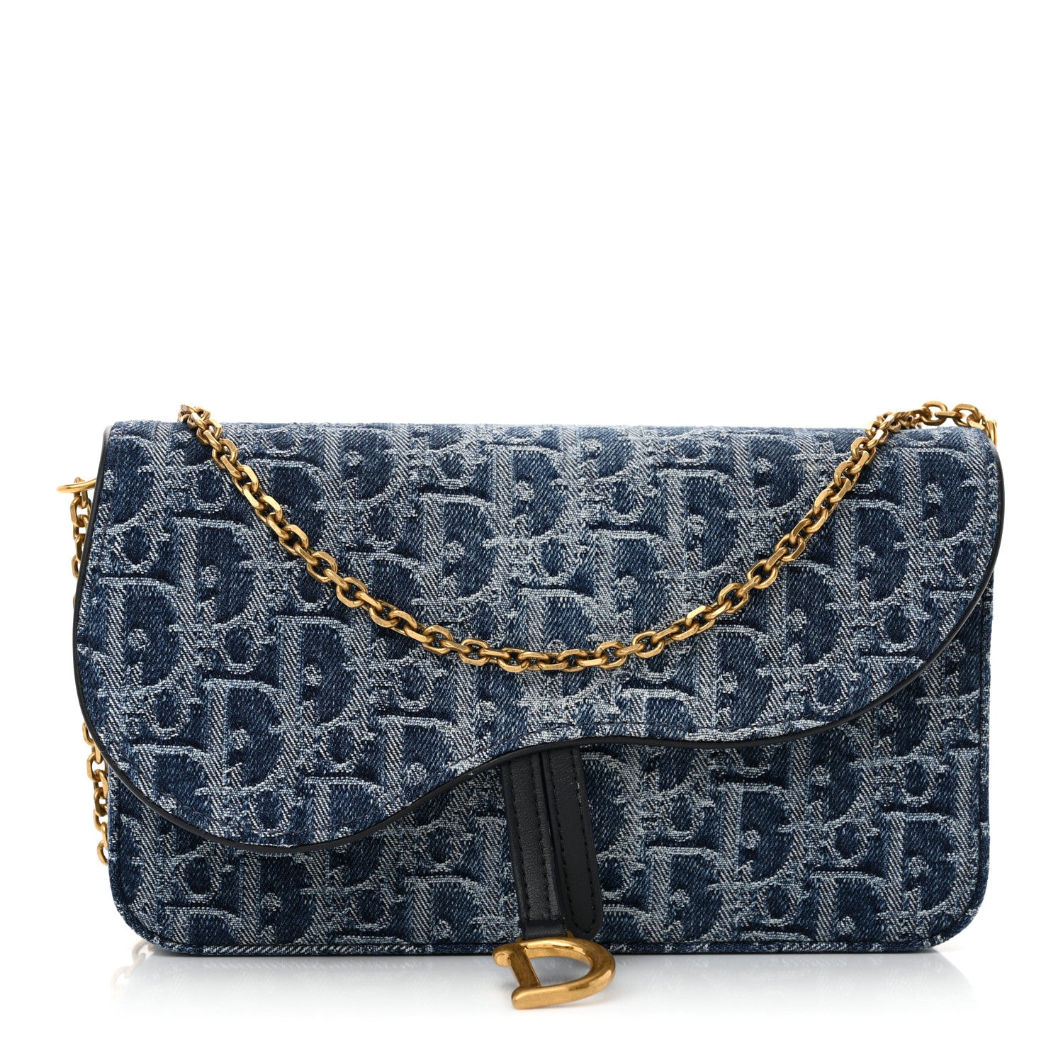 Christian Dior Oblique Denim Small Saddle Pouch With Chain Blue
