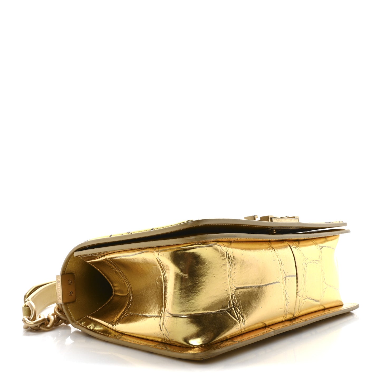 Metallic Calfskin Crocodile Embossed Graffiti Medium Cocodile Boy Flap Gold
