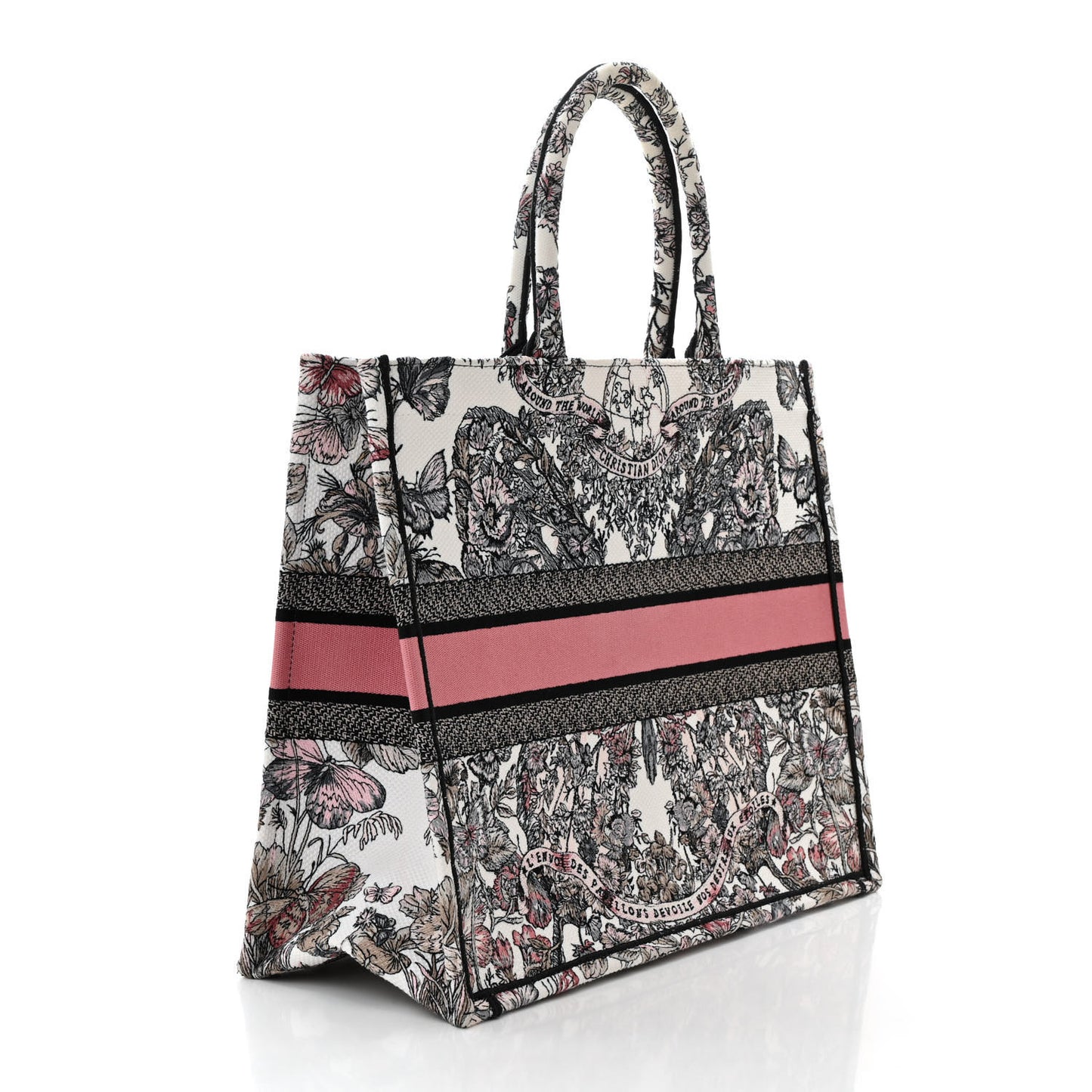 Canvas Embroidered Large Butterfly Around The World Book Tote White Pastel Pink