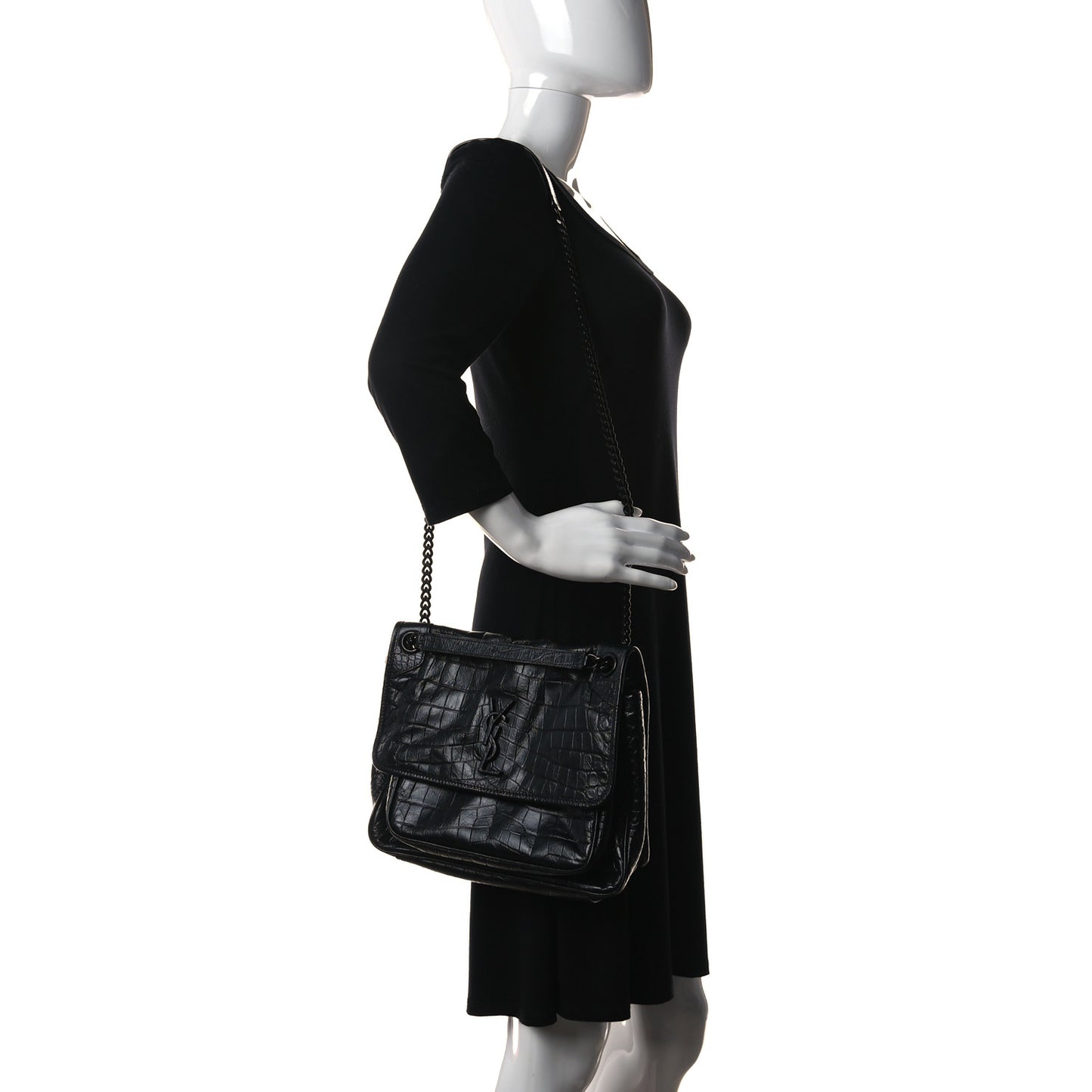 Crocodile Embossed Lambskin Monogram Medium Niki Chain Satchel Black