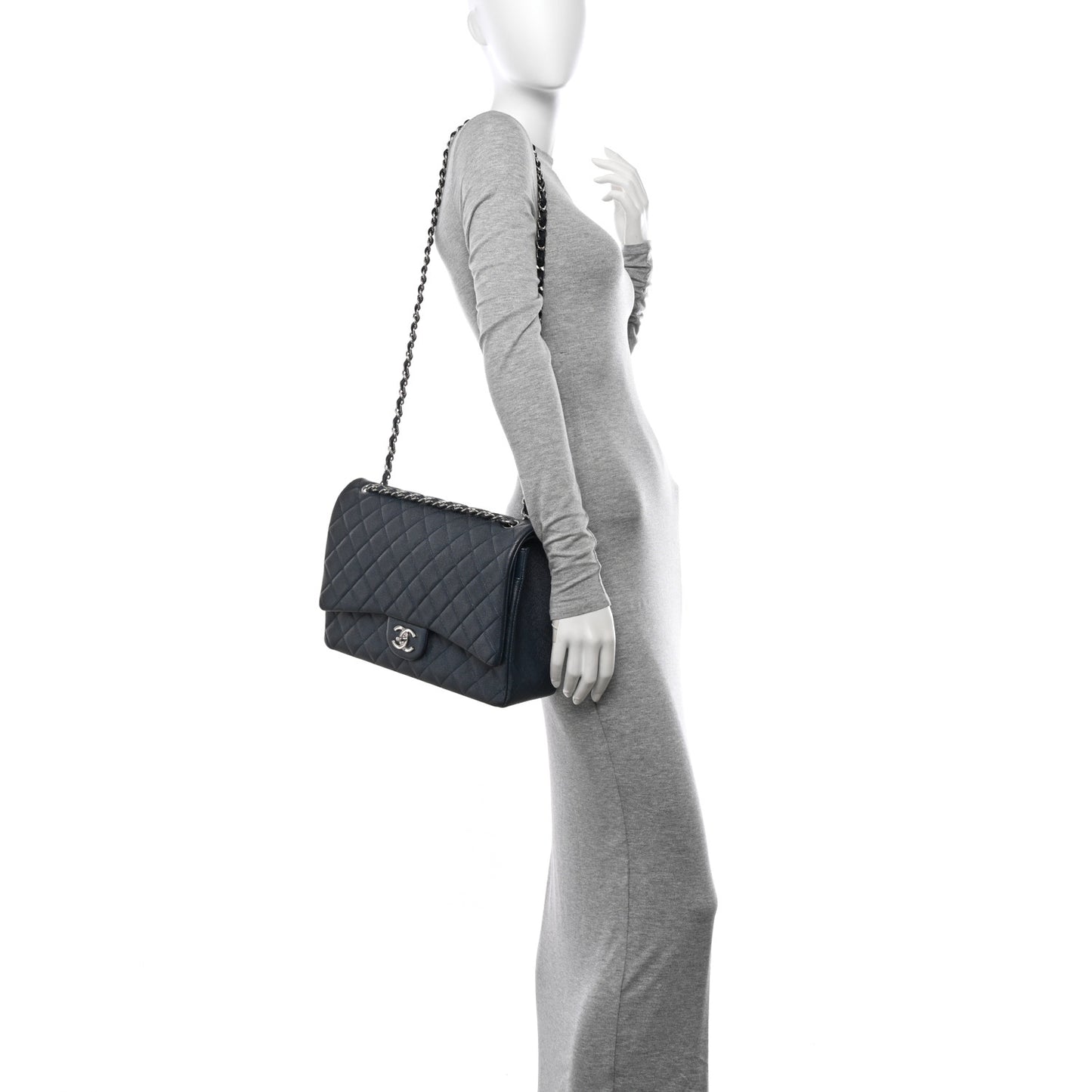 Caviar Quilted Maxi Double Flap Navy Blue