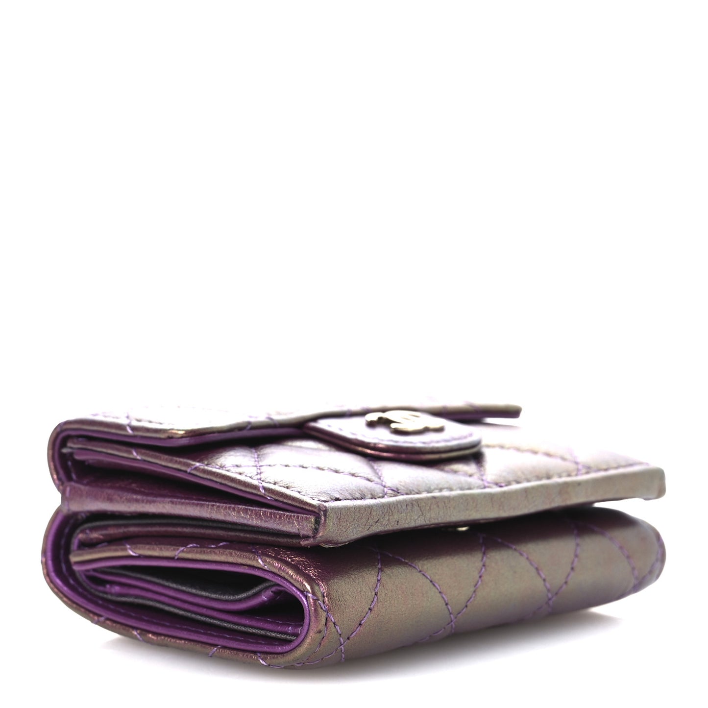 Iridescent Lambskin Quilted Double Flap Wallet Purple