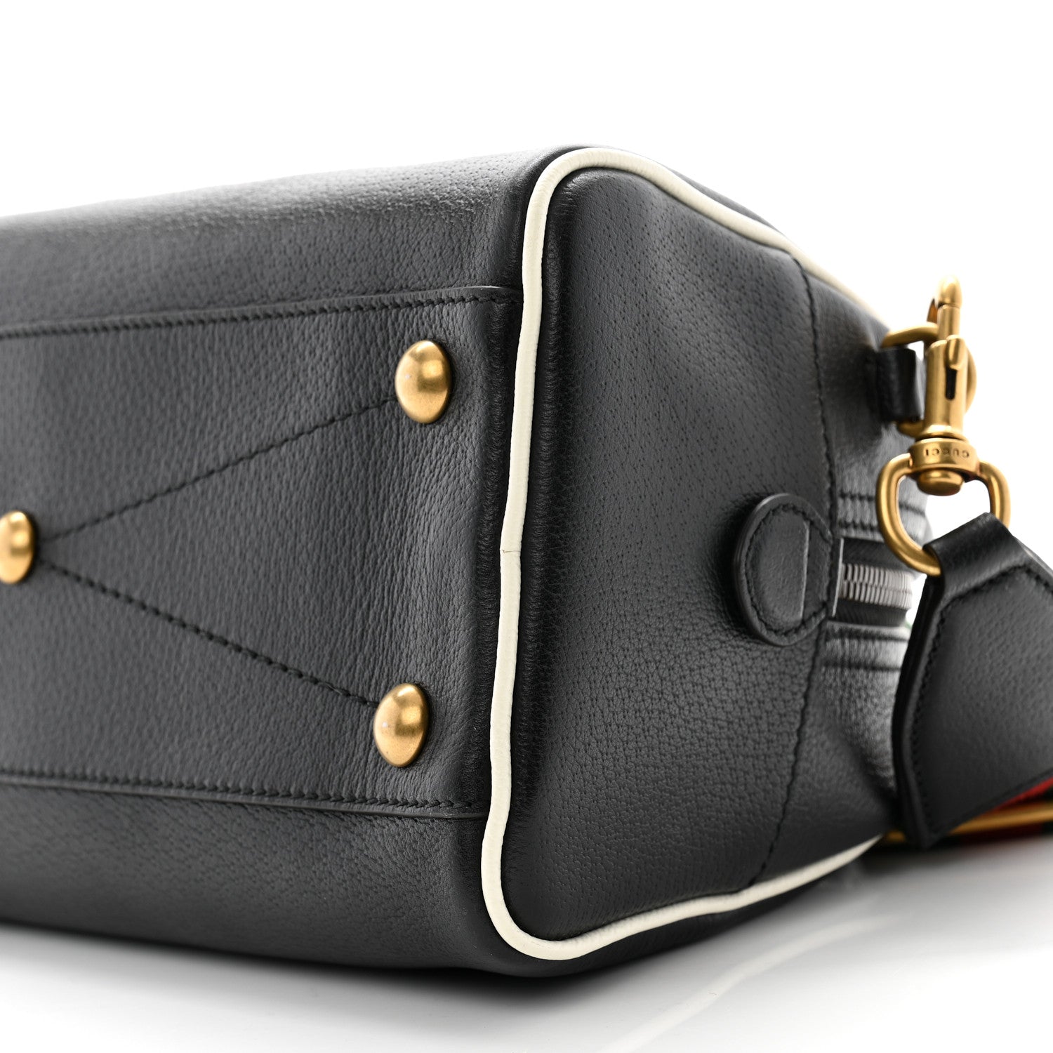 Gucci X ADIDAS Textured Dollar Calfskin Web Trefoil Logo Embossed Mini Bowling Bag Black Off White 10 of 12