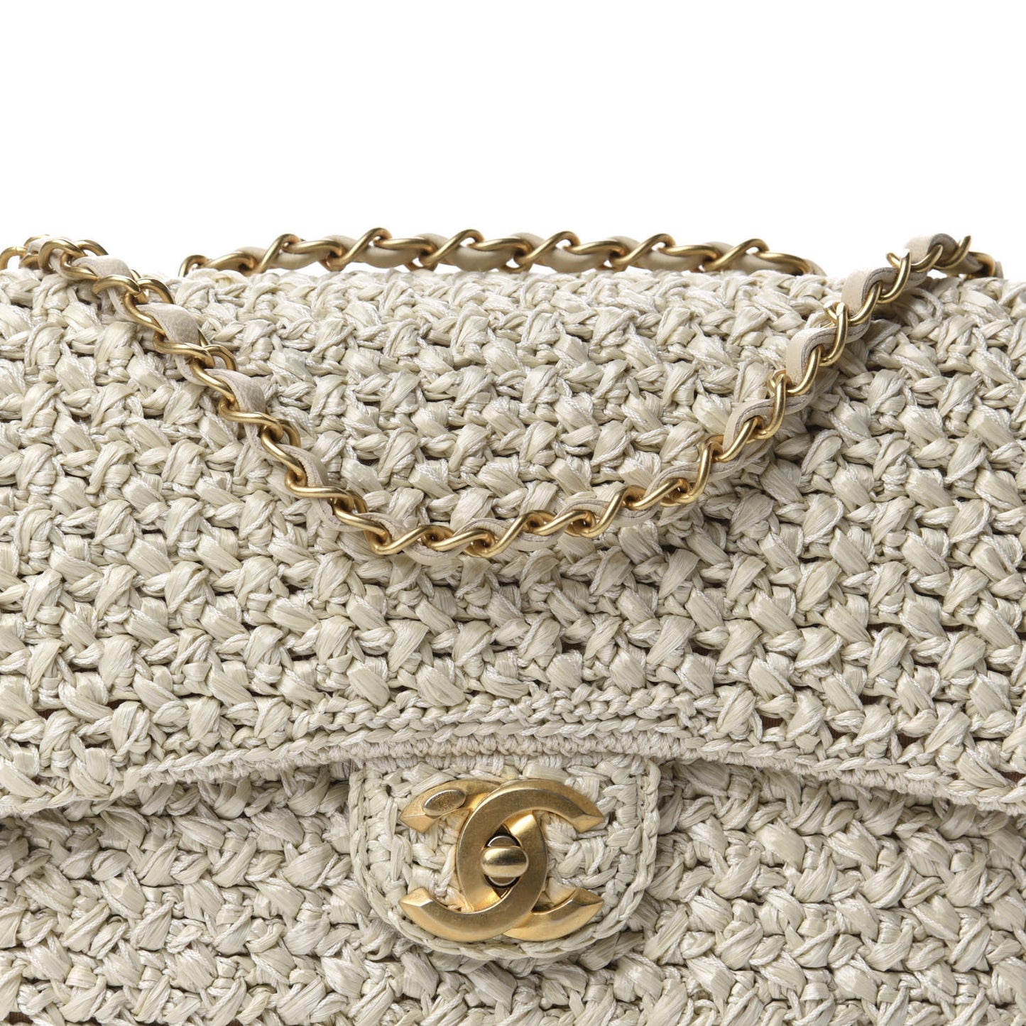 Raffia Crochet Medium Flap Bag Beige
