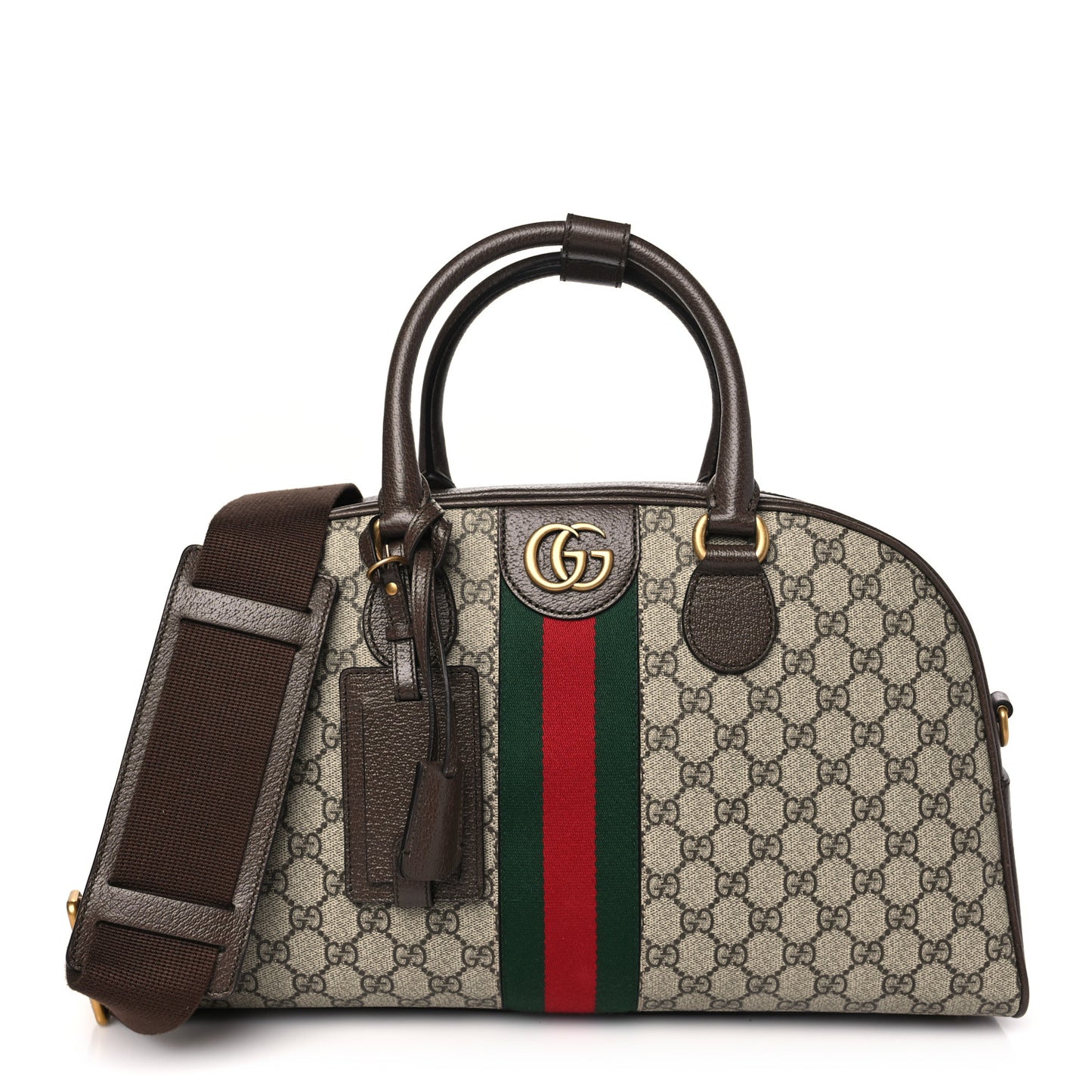 GG Supreme Monogram Textured Dollar Calfskin Web Medium Ophidia Top Handle Duffle Bag Beige Ebony New Acero