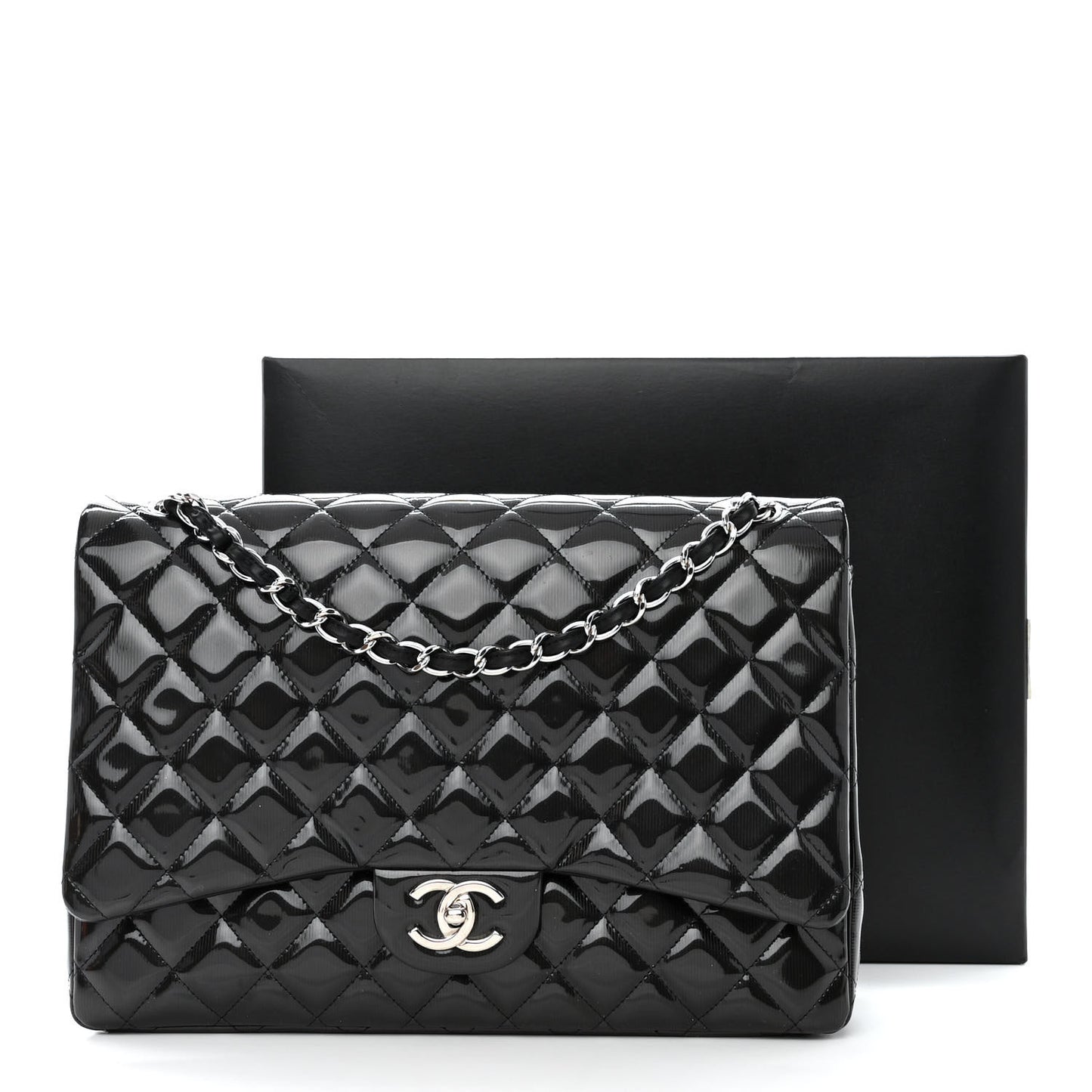 Striated Patent Quilted Maxi Double Flap Black