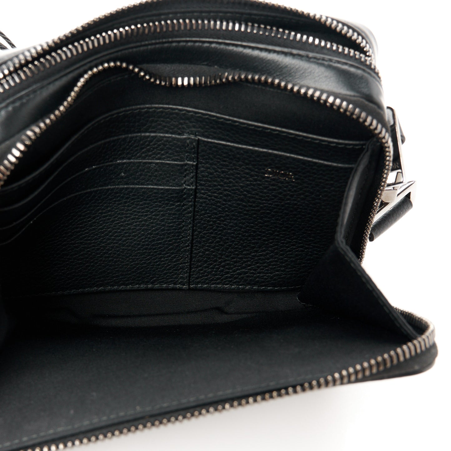 Grained Calfskin CD Icon Zipped Pouch With Strap Black
