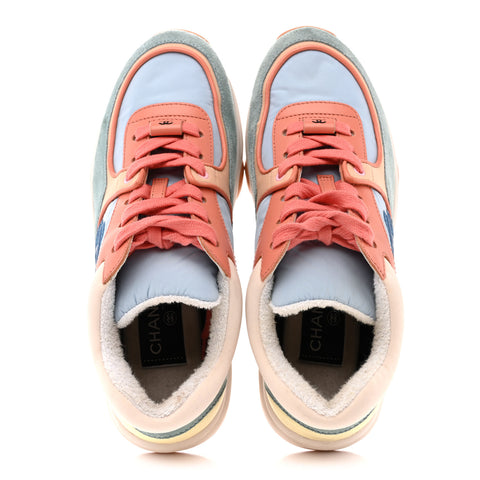 Nylon Lambskin Suede Calfskin CC Sneakers 35 Coral Light Blue White