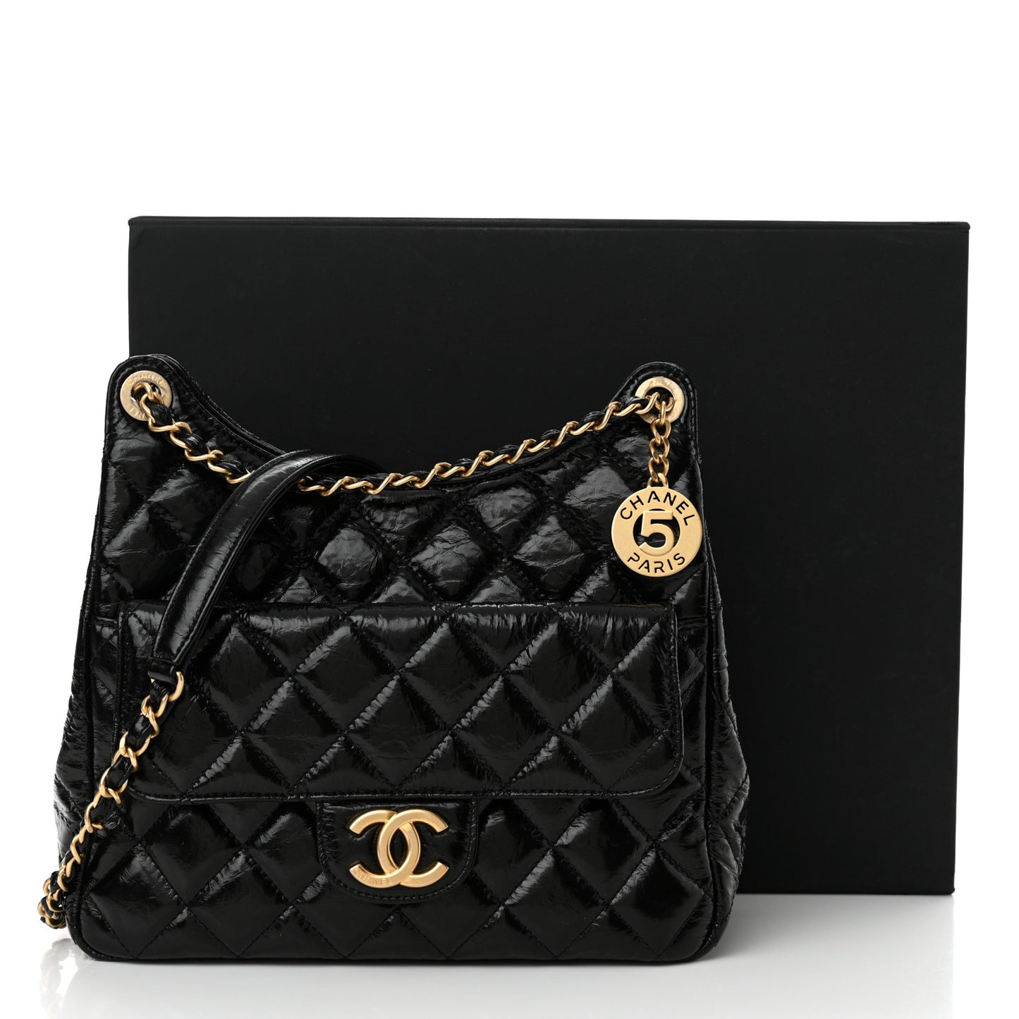 Shiny Crumpled Calfskin Quilted Wavy CC Hobo Black