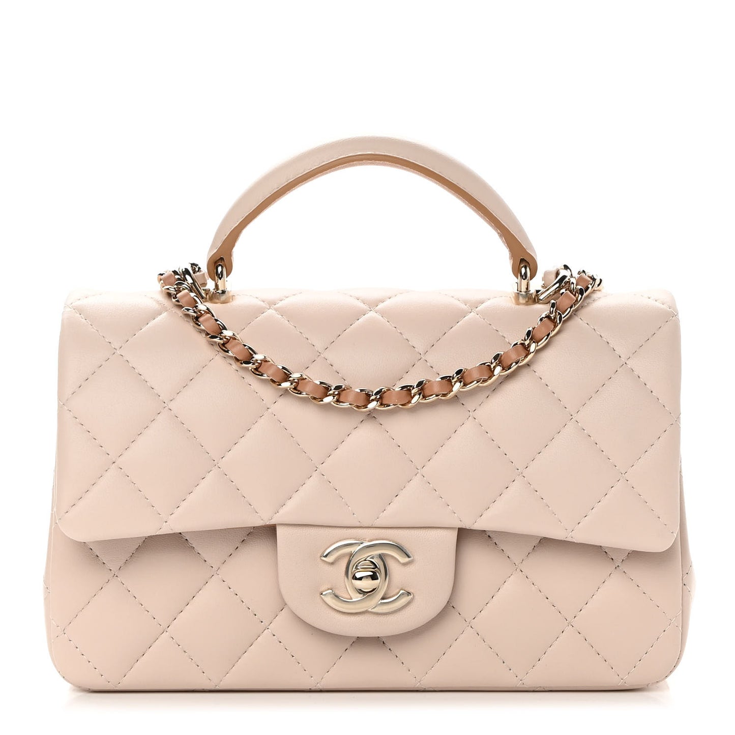 Lambskin Quilted Bi-Color Mini Top Handle Rectangular Flap Ecru Dark Beige