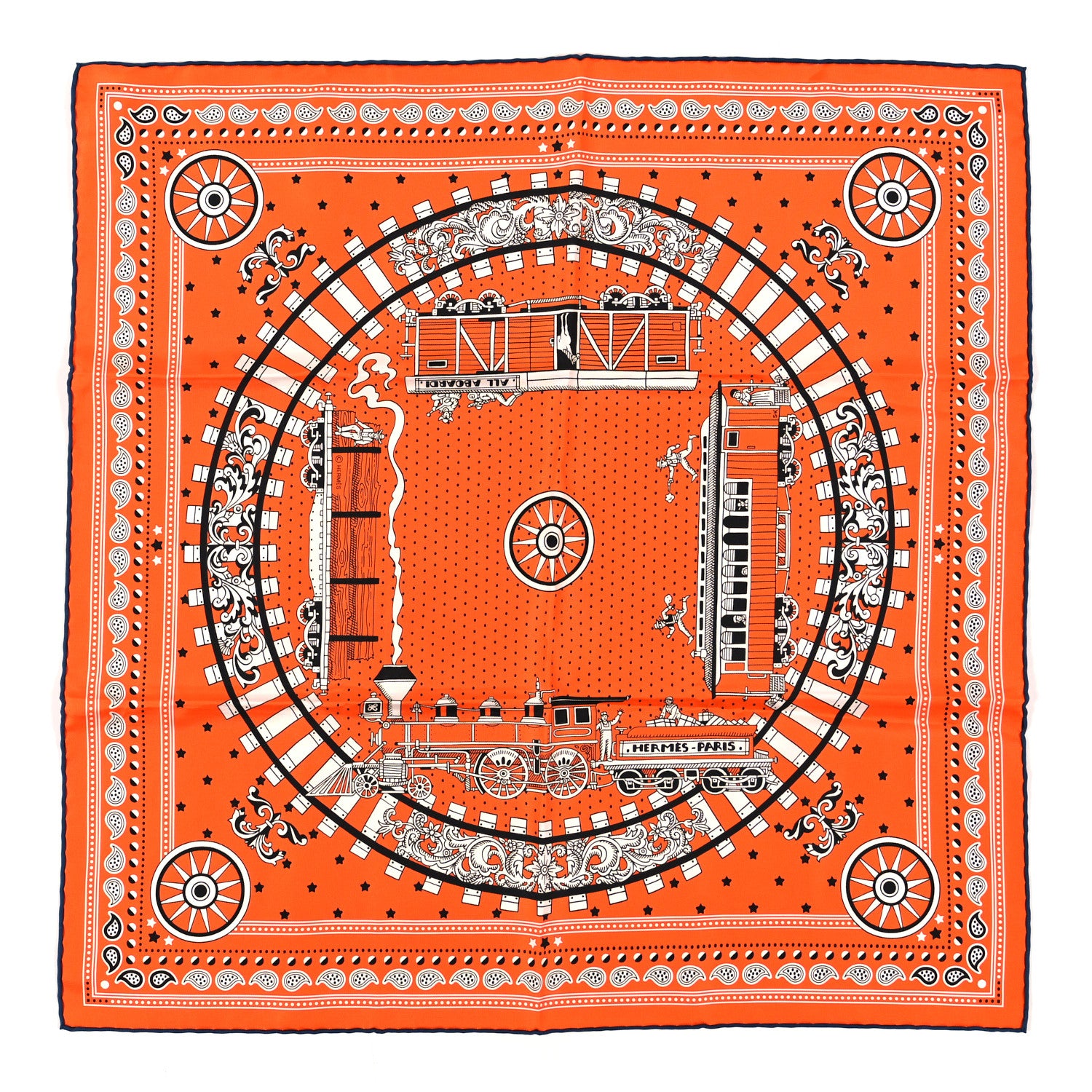 Hermes Silk All Aboard Bandana Scarf 55 Orange White Black 1498216