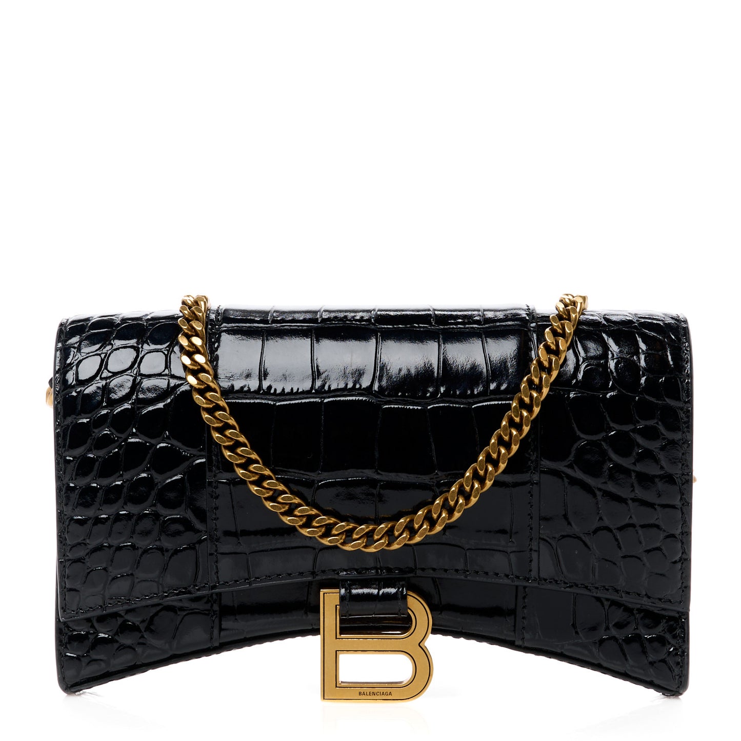 Shiny Calfskin Crocodile Embossed Hourglass Chain Bag Black