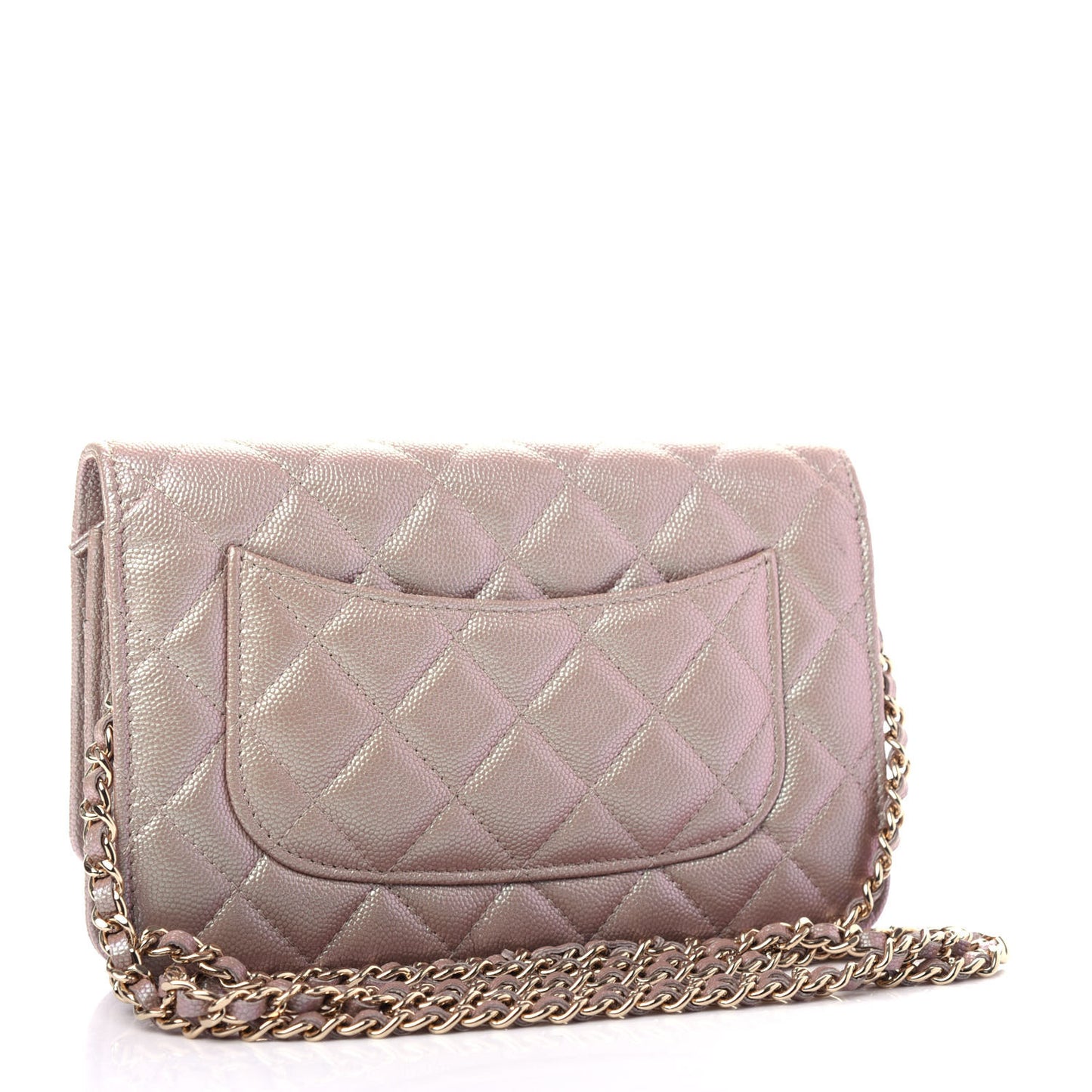 Iridescent Caviar Quilted Wallet On Chain WOC Beige