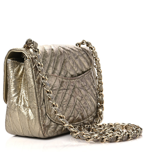 Patent Metallic Crumpled Calfskin Chevron Quilted Mini Square Flap Gold