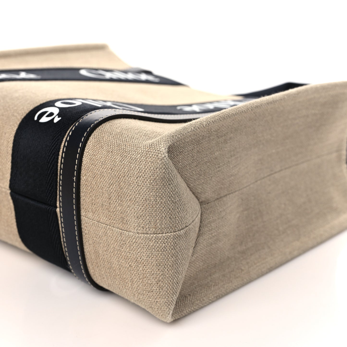 Linen Calfskin Medium Woody Ribbon Tote Black Blue