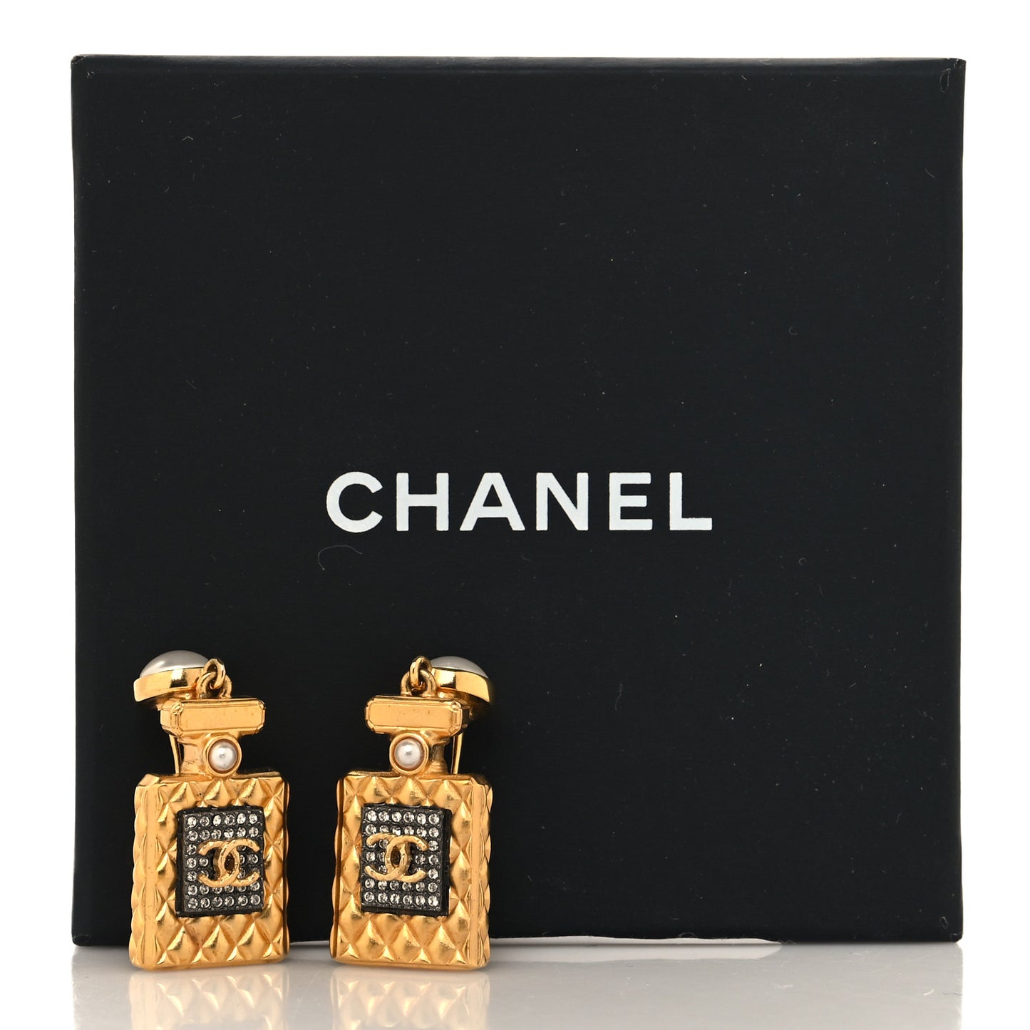 Crystal Pearl CC Perfume Bottle Drop Earrings Gold