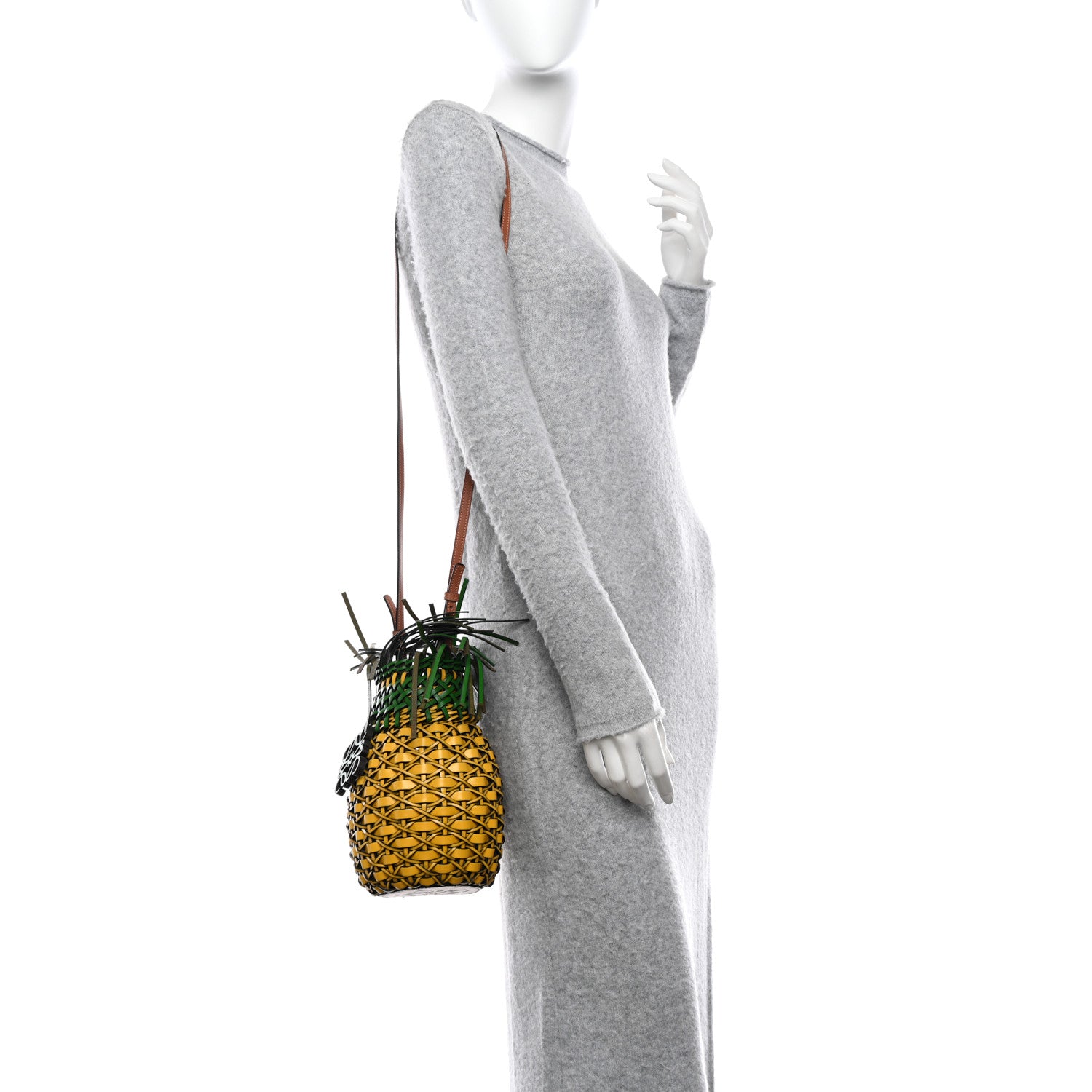 Loewe Calfskin Fringe Woven Pineapple Bucket Bag Yellow Green 2 of 8