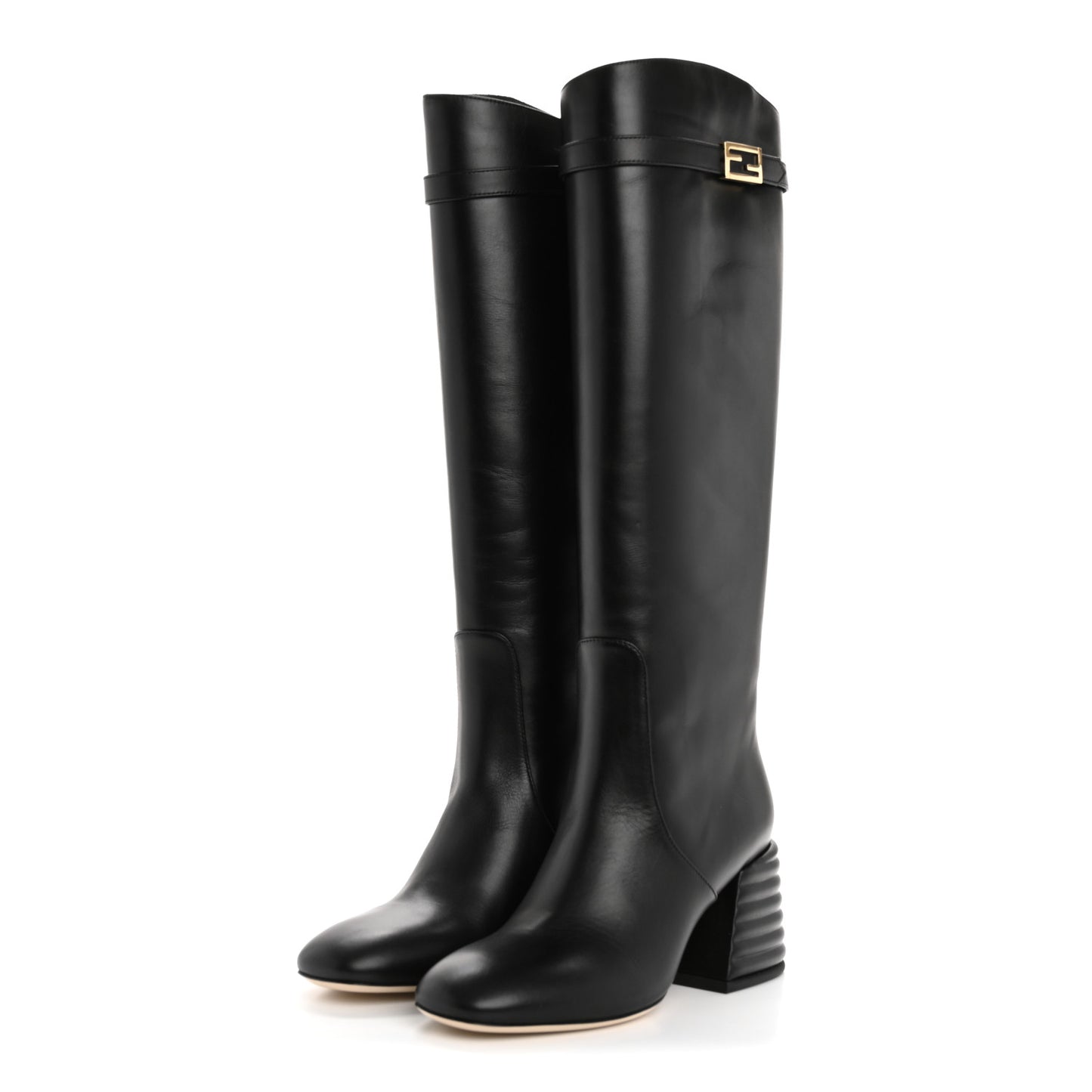 Calfskin Knee High Promenade Block Heel Boots 36 Black