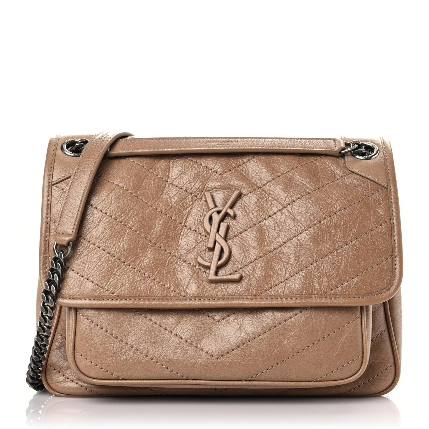 Crinkled Calfskin Matelasse Monogram Medium Niki Chain Satchel Dark Toffee
