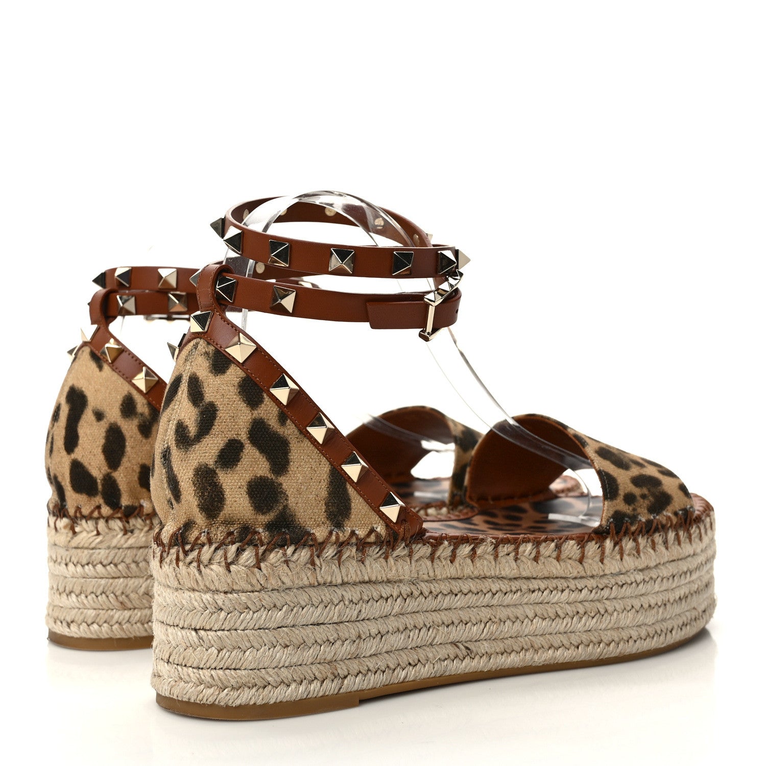 Valentino Garavani Canvas Leopard Print Rockstud Ankle Wrap Espadrille Flatform Sandals 40 Brown 4 of 8