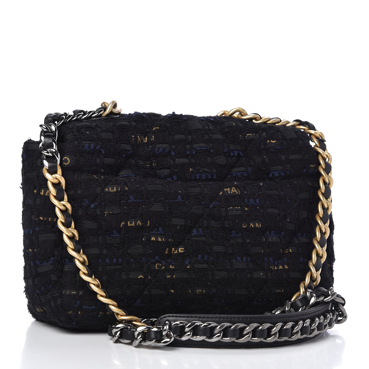 Tweed Quilted Medium Chanel 19 Flap Black Navy Gold