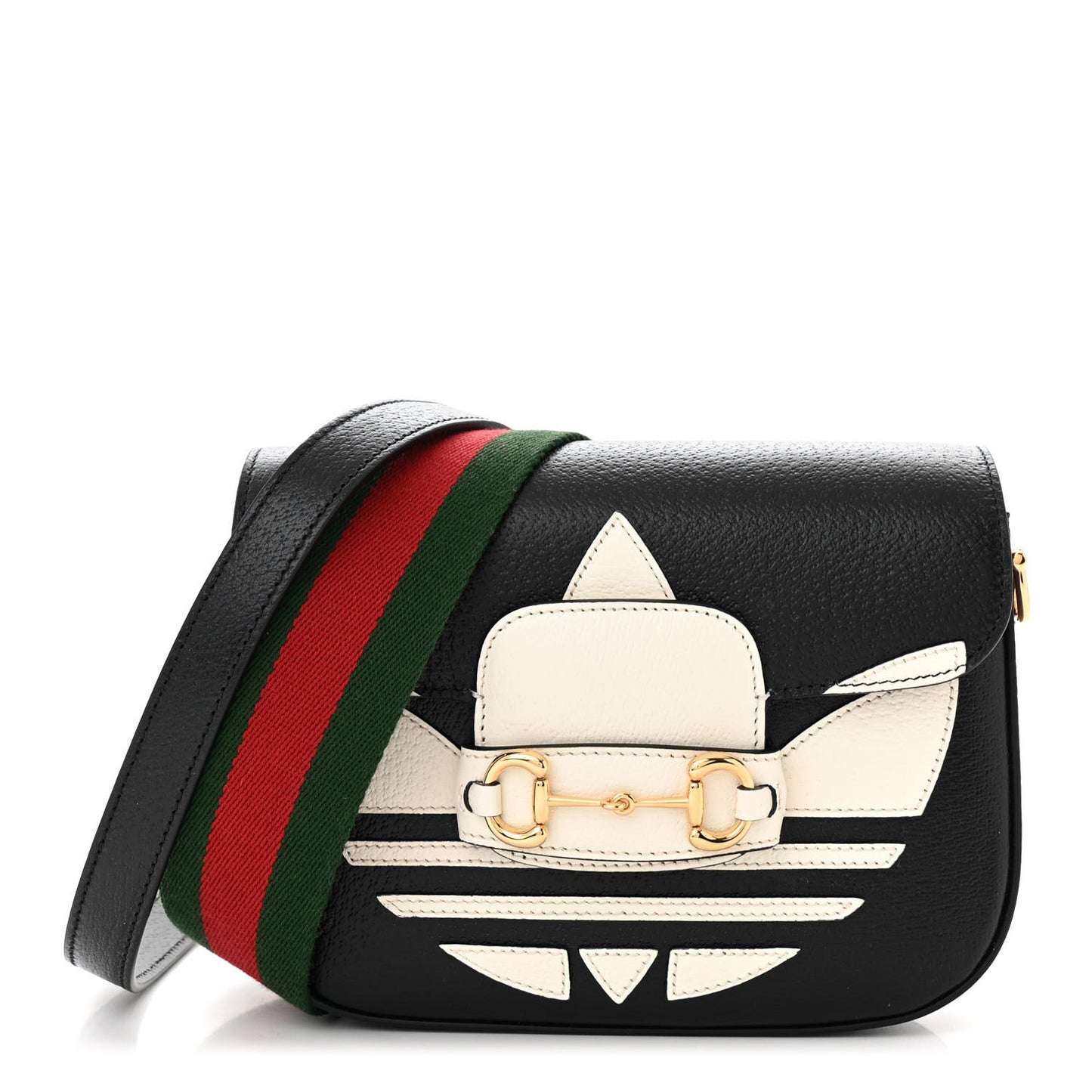 X ADIDAS Textured Dollar Calfskin Web Trefoil Mini Horsebit 1955 Shoulder Bag Black Off White