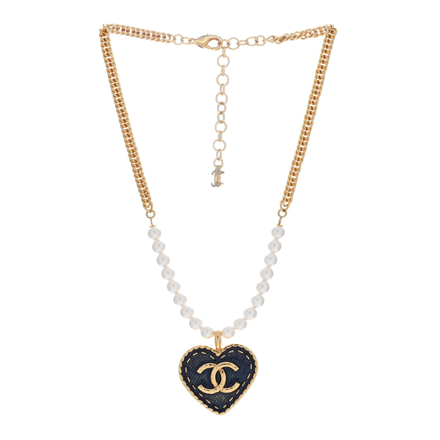 Chanel Metal Denim CC Heart Choker Gold Blue Pearly White 3 of 4
