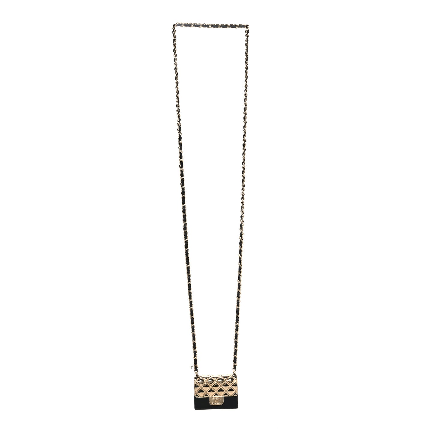 Metal Resin Lambskin Flap Bag Long Necklace Gold Black
