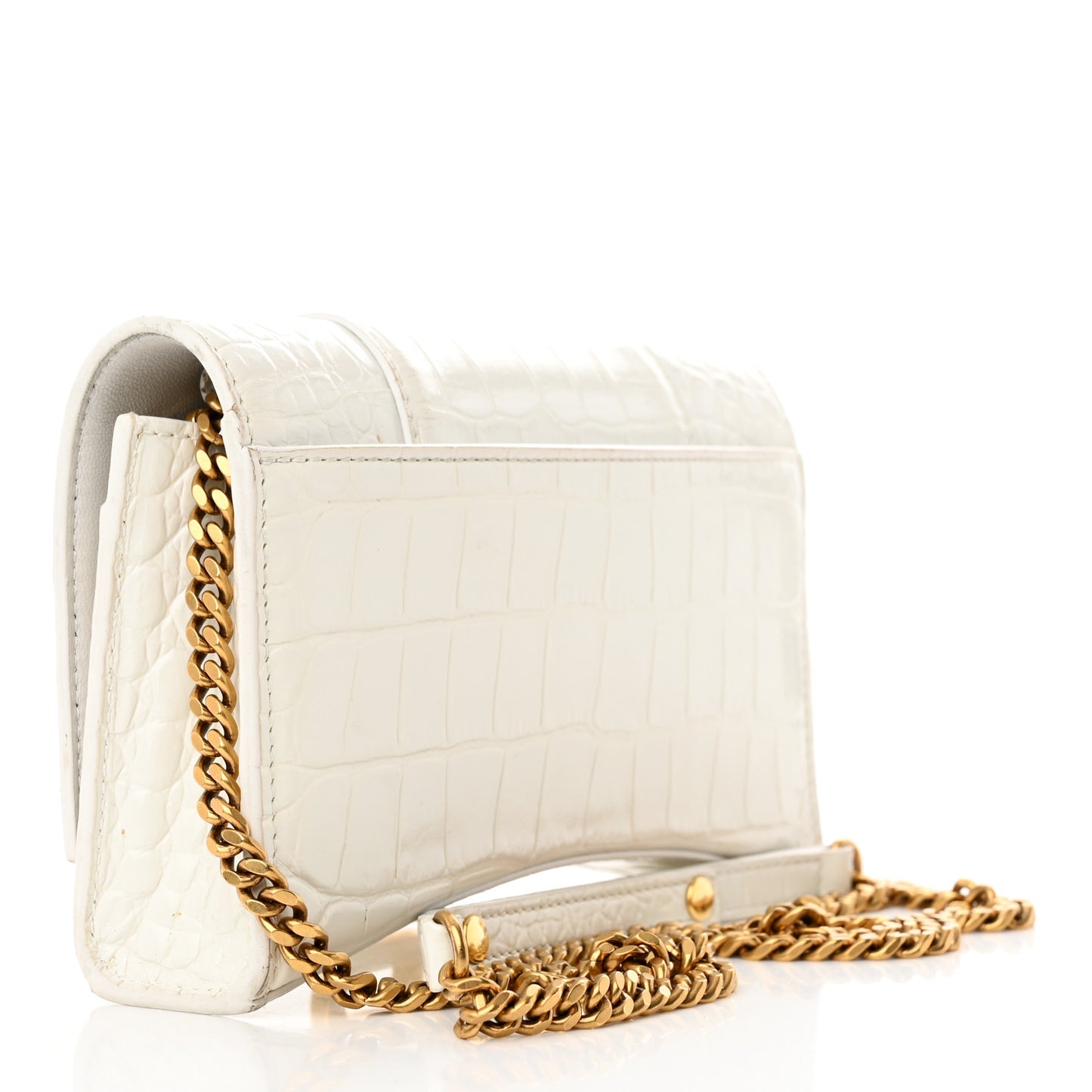 Shiny Calfskin Crocodile Embossed Hourglass Chain Bag White