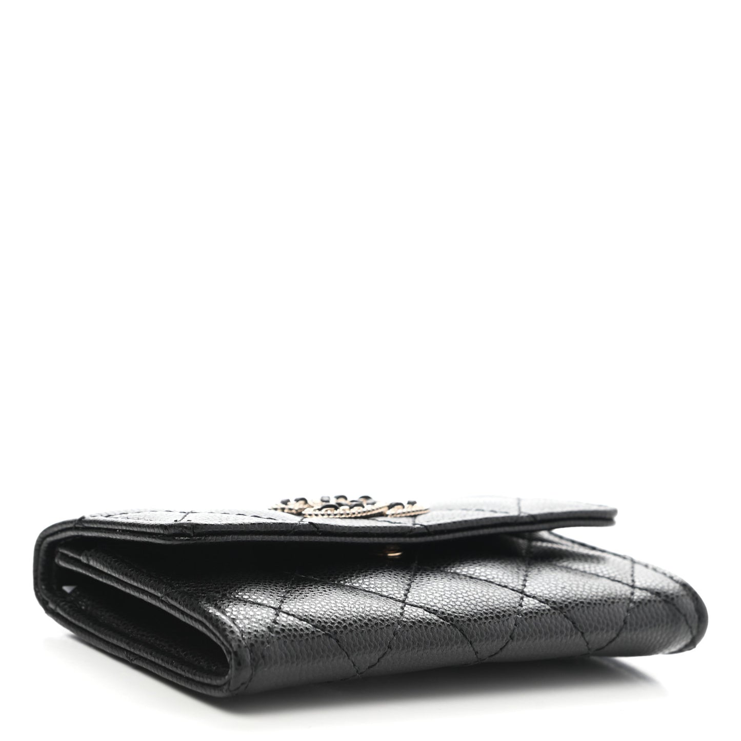 Caviar Quilted Crystal CC Flap Card Holder Black
