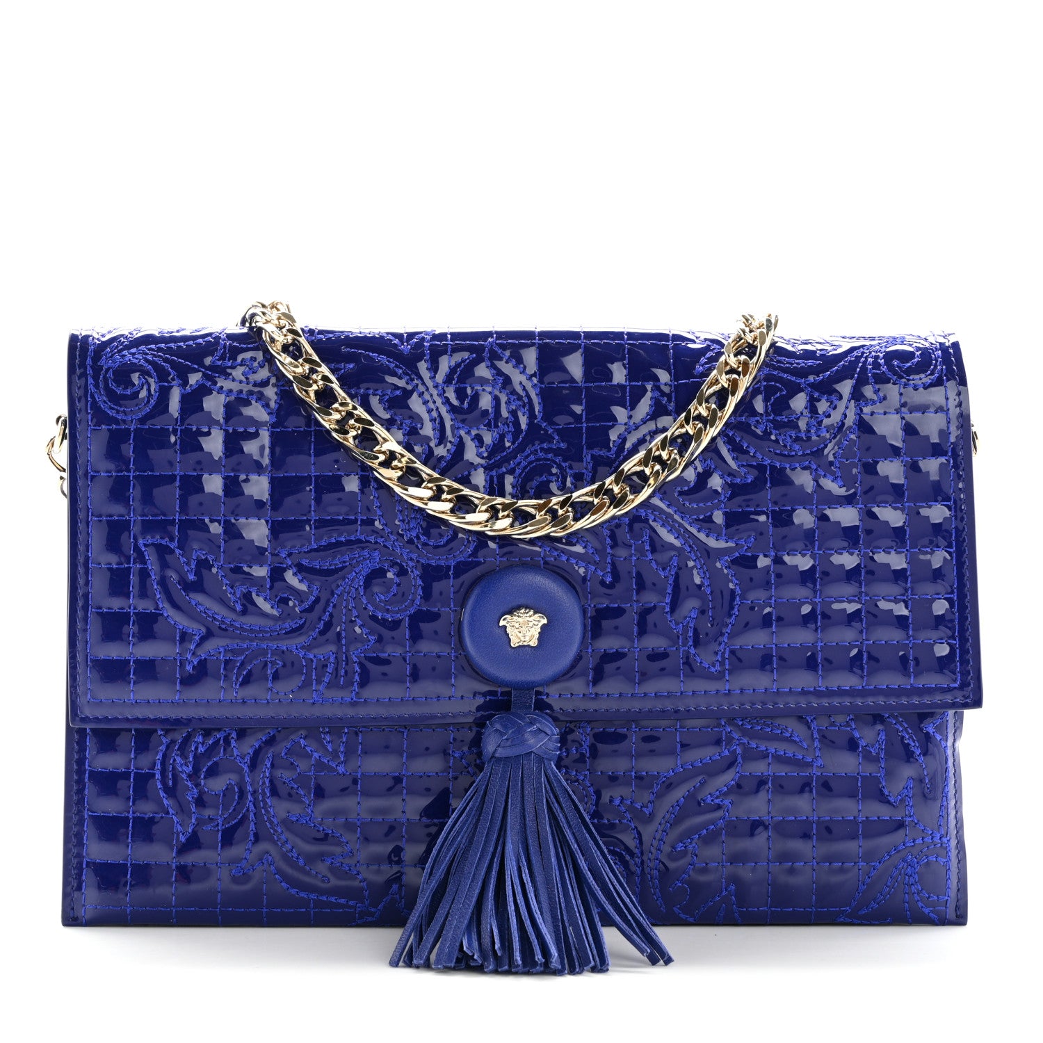 VERSACE ネイビーパーティーバッグ Versace Patent Barocco Quilted Vanitas Chain Pouch Poison Blue