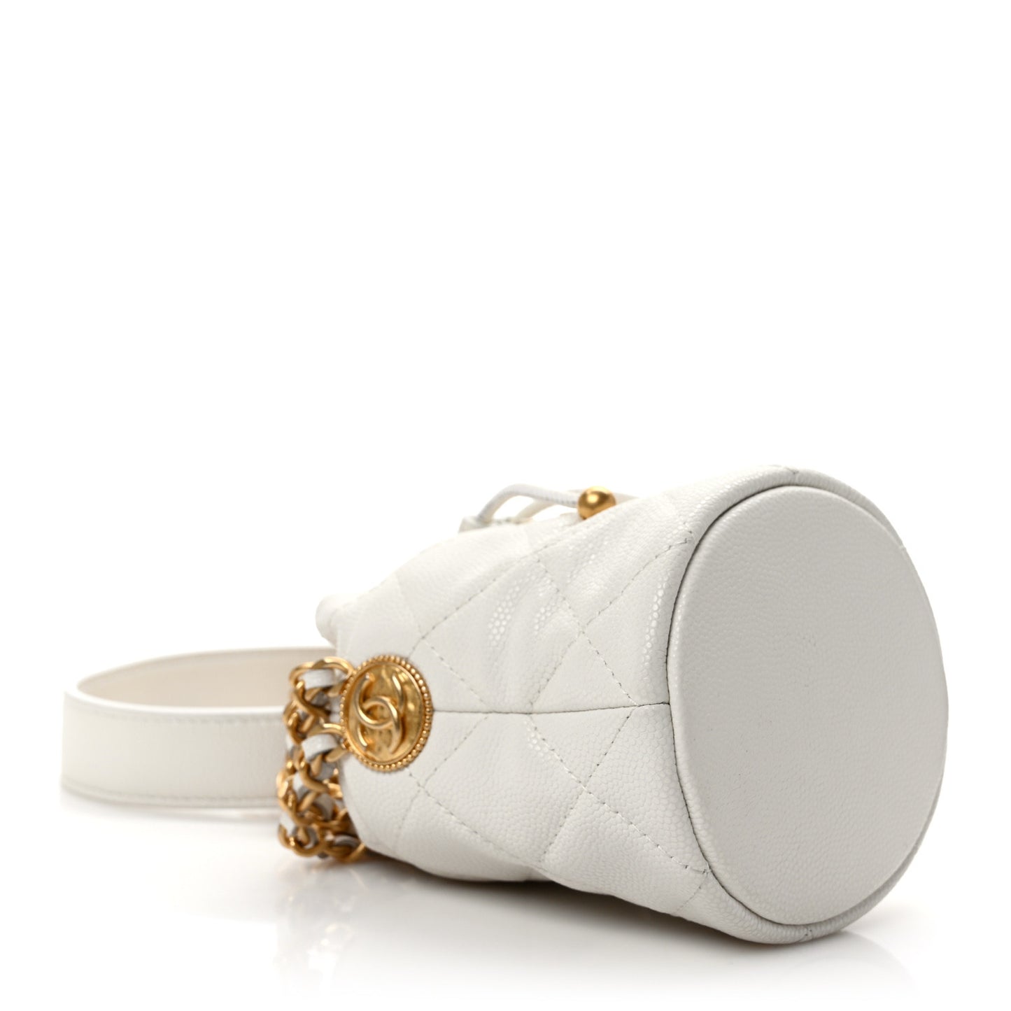 Caviar Quilted Twist Your Buttons Mini Bucket Bag White