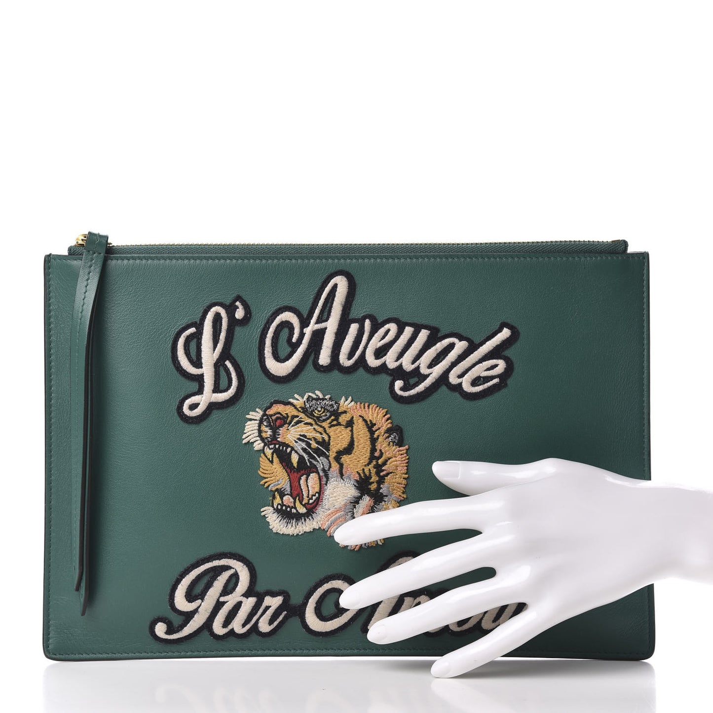 Calfskin Embroidered Large L'Aveugle Par Amour Zip Pouch Green