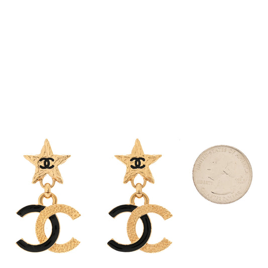 Metal Enamel CC Star Drop Earrings Gold Black