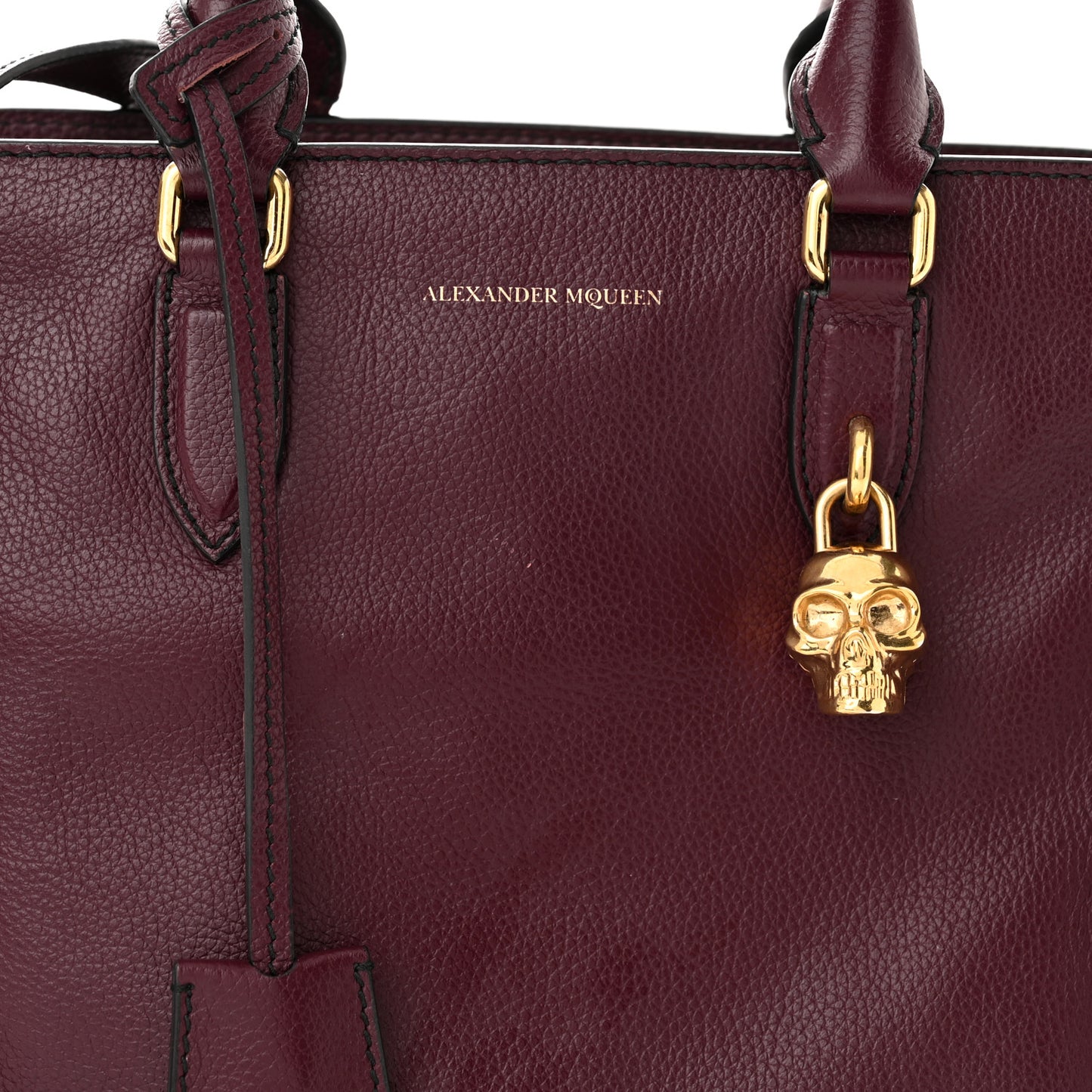 Pebbled Calfskin Small Skull Padlock Zip Around Tote Burgundy