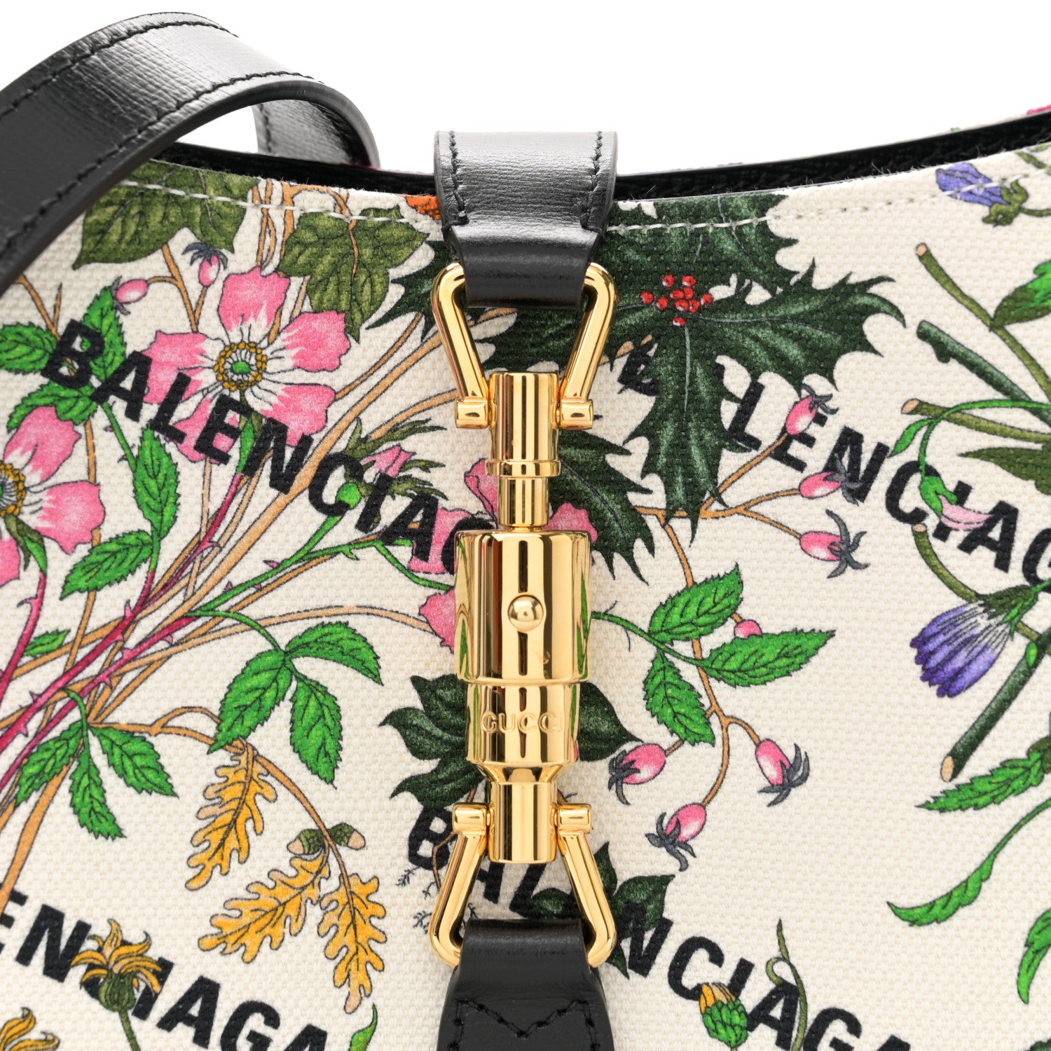 Gucci X BALENCIAGA Canvas Azalea Calfskin Flora Logo Print Neo Classic Small Jackie 1961 Hobo White Multicolor Black 8 of 11