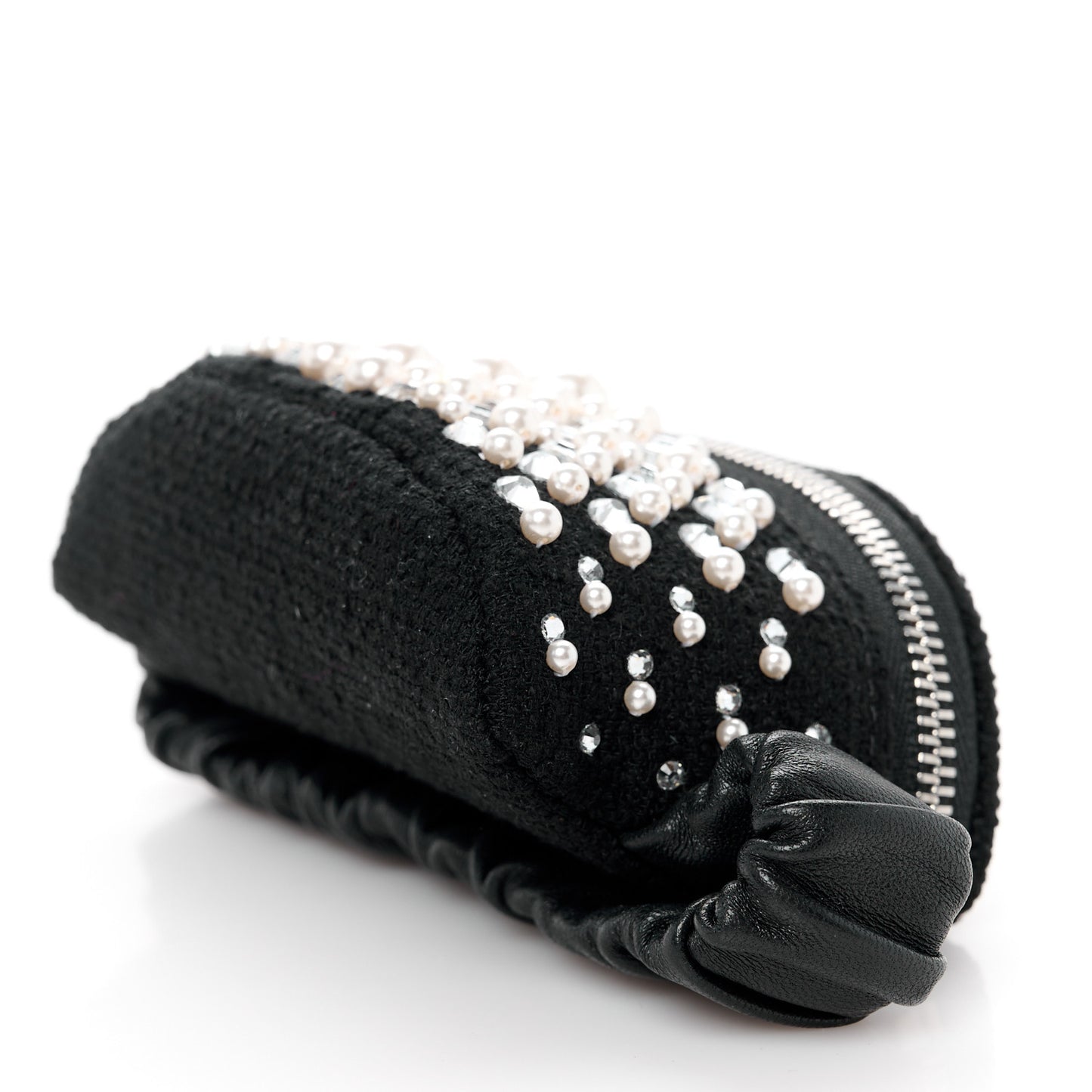 Tweed Pearl Lambskin Quilted Arm Coin Purse Black