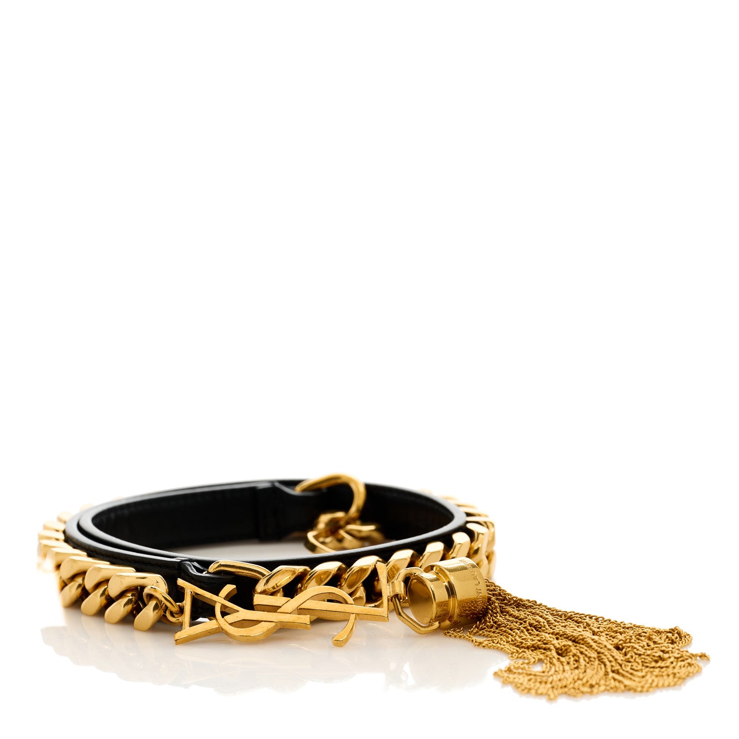 SAINT LAURENT ゴールドチェーンベルトタッセル Saint Laurent Calfskin Monogram Chain Tassel Belt M Black 1702461